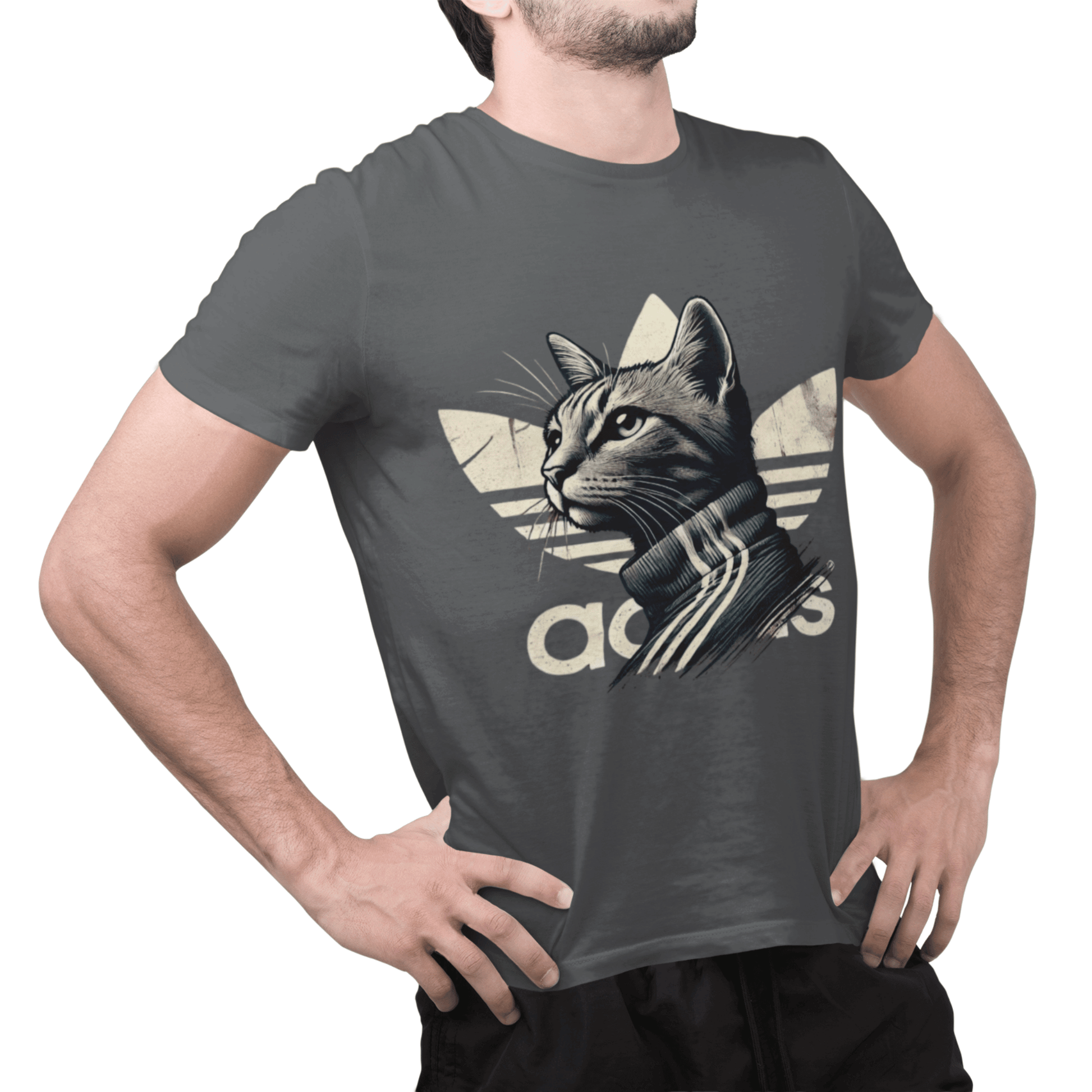asphalt gray Adicats tee on male model, front view, funny t shirt for cat lovers