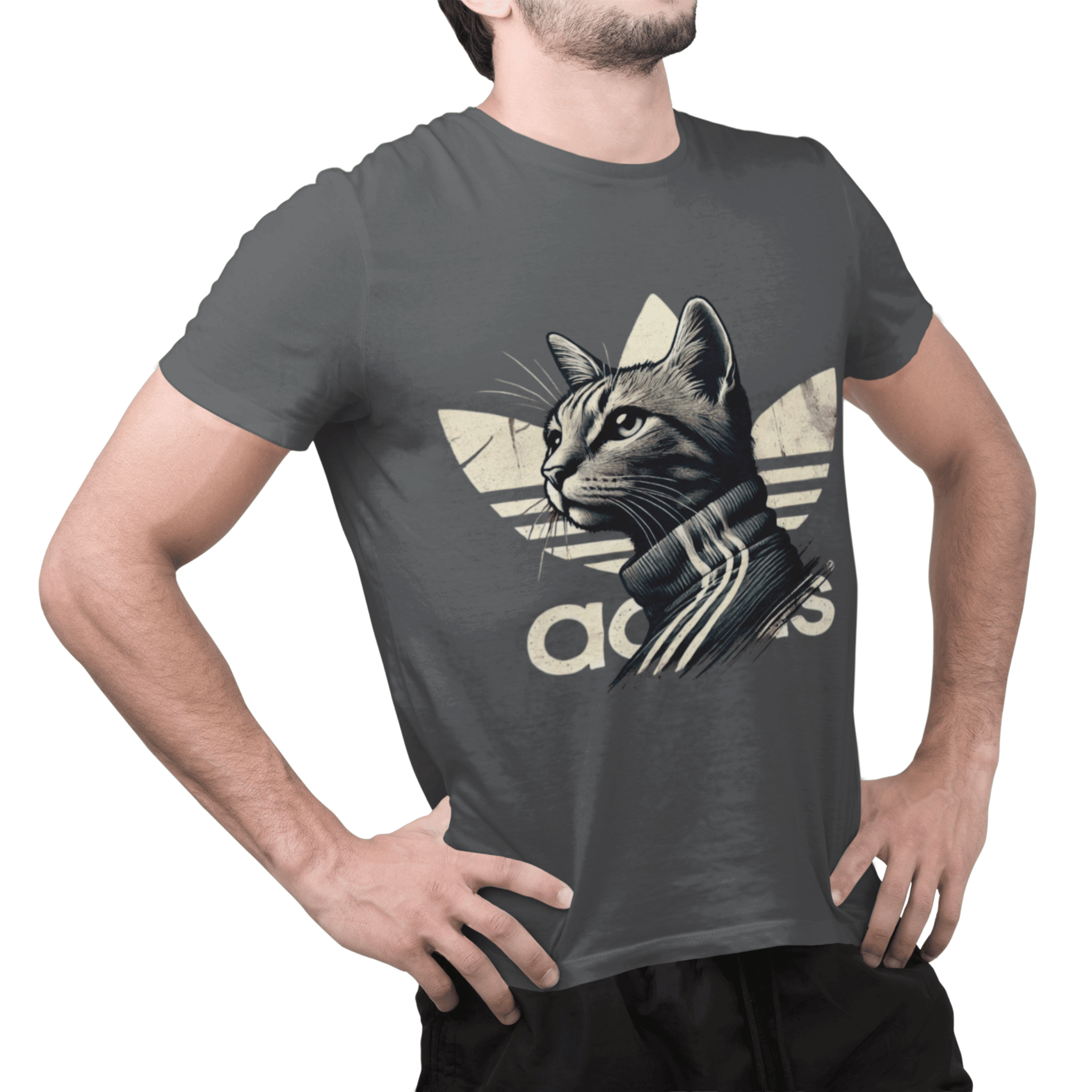 asphalt gray Adicats tee on male model, front view, funny t shirt for cat lovers