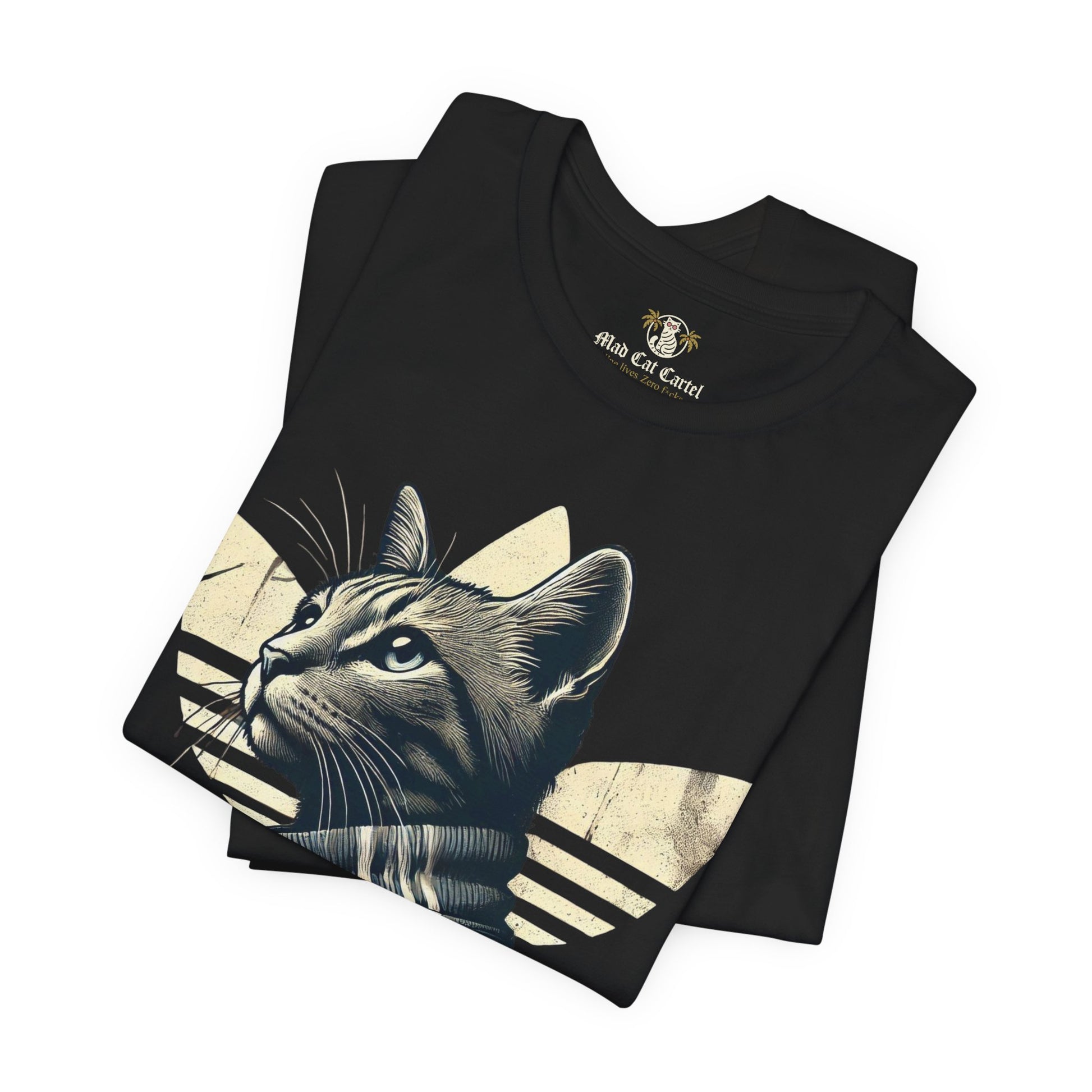 folded black Adicats cotton t shirts, cat graphic parody design