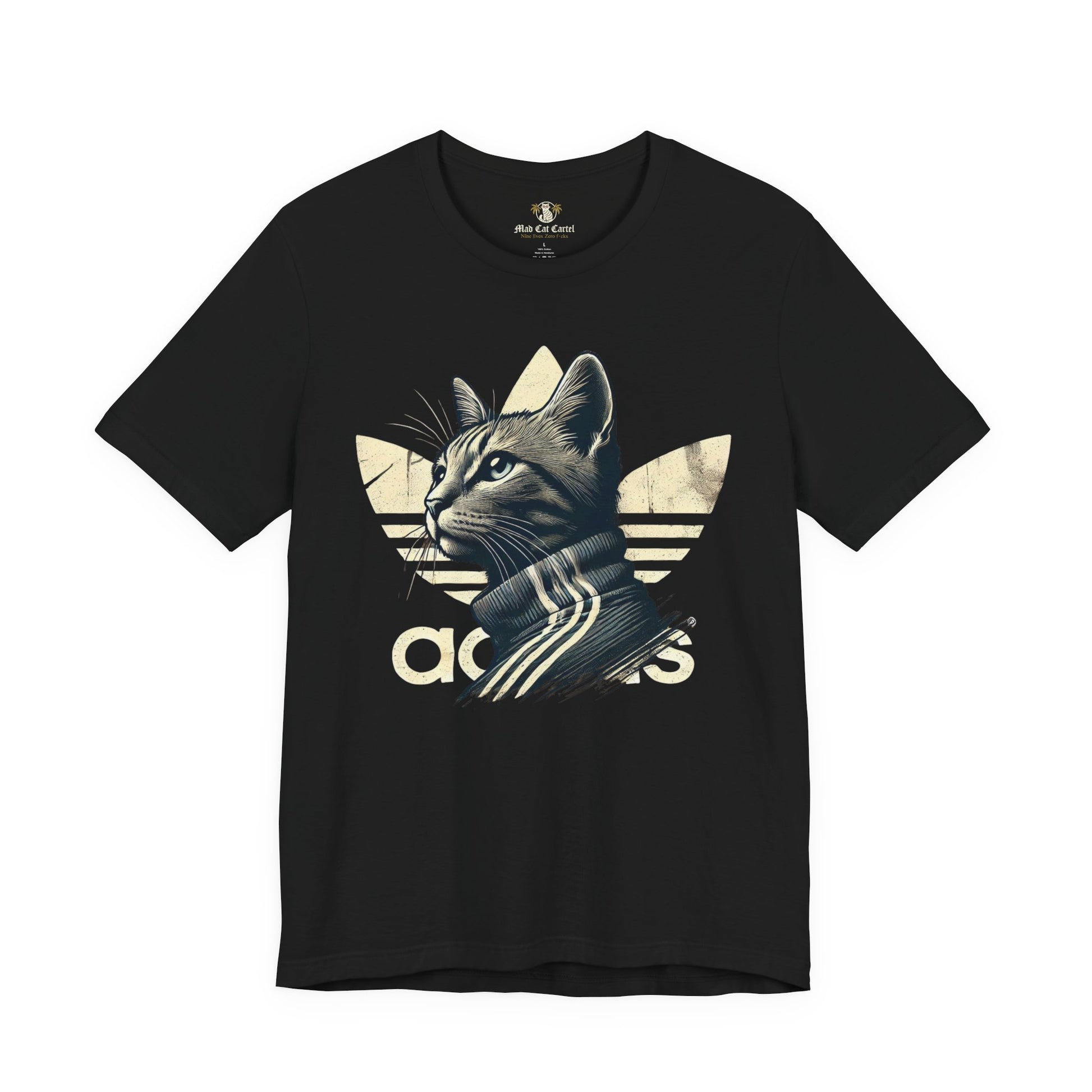 front view of black Adicats cat lovers t shirt, parody cotton tee for men