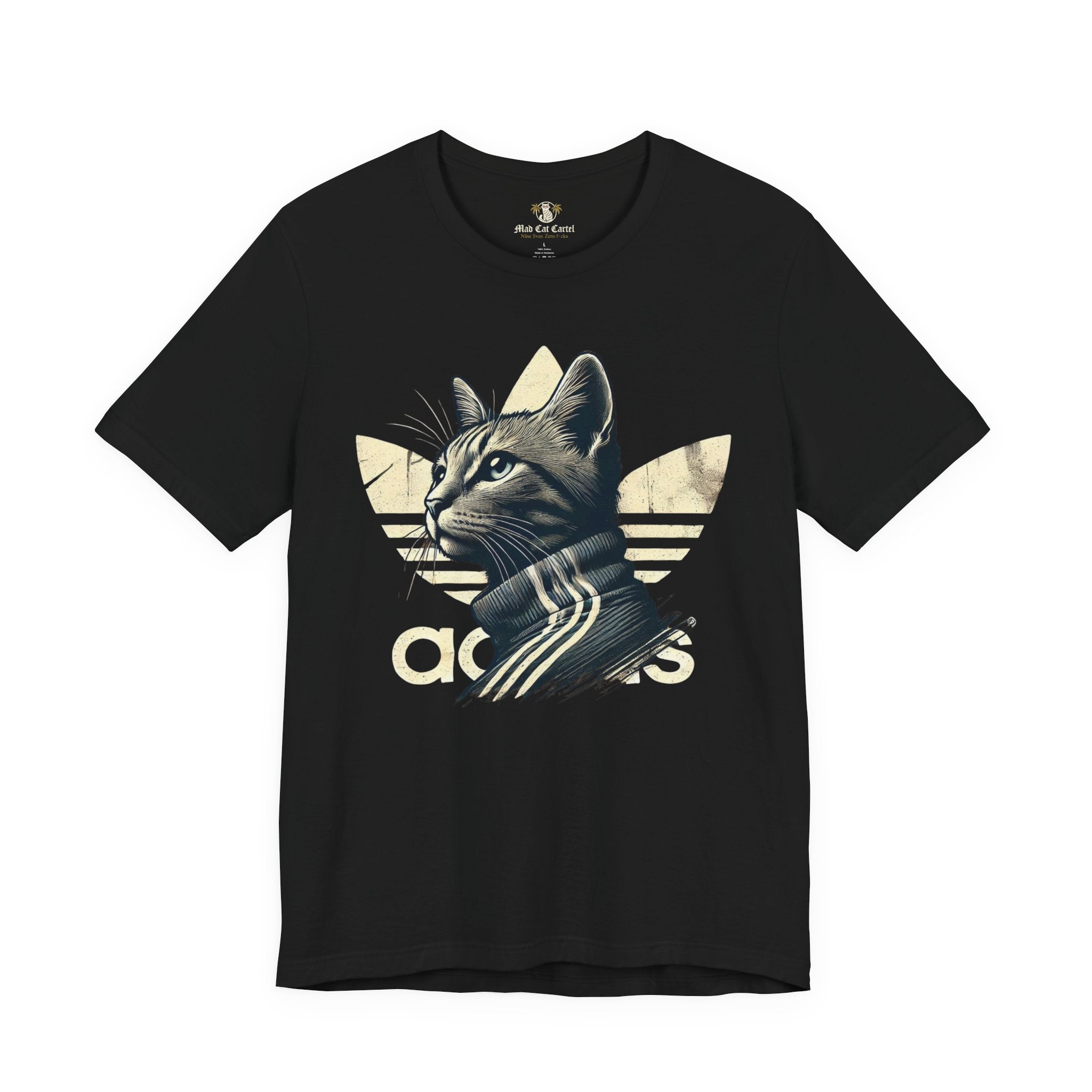 front view of black Adicats cat lovers t shirt, parody cotton tee for men