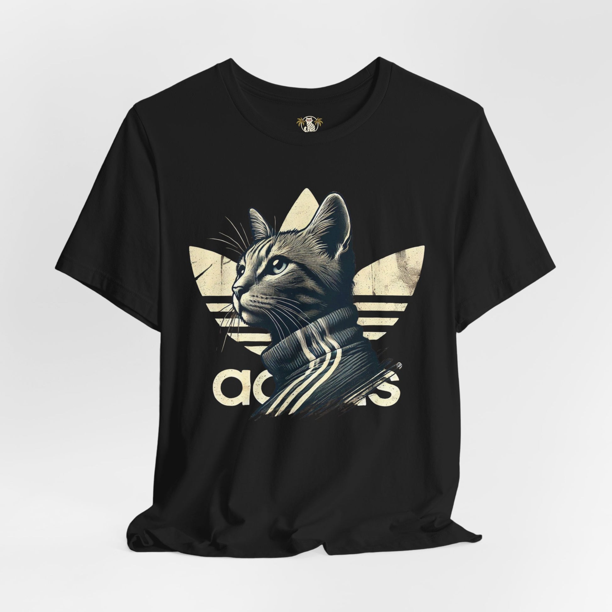 front studio photo of black Adicats cat lovers t shirt, parody cotton tee for men and women