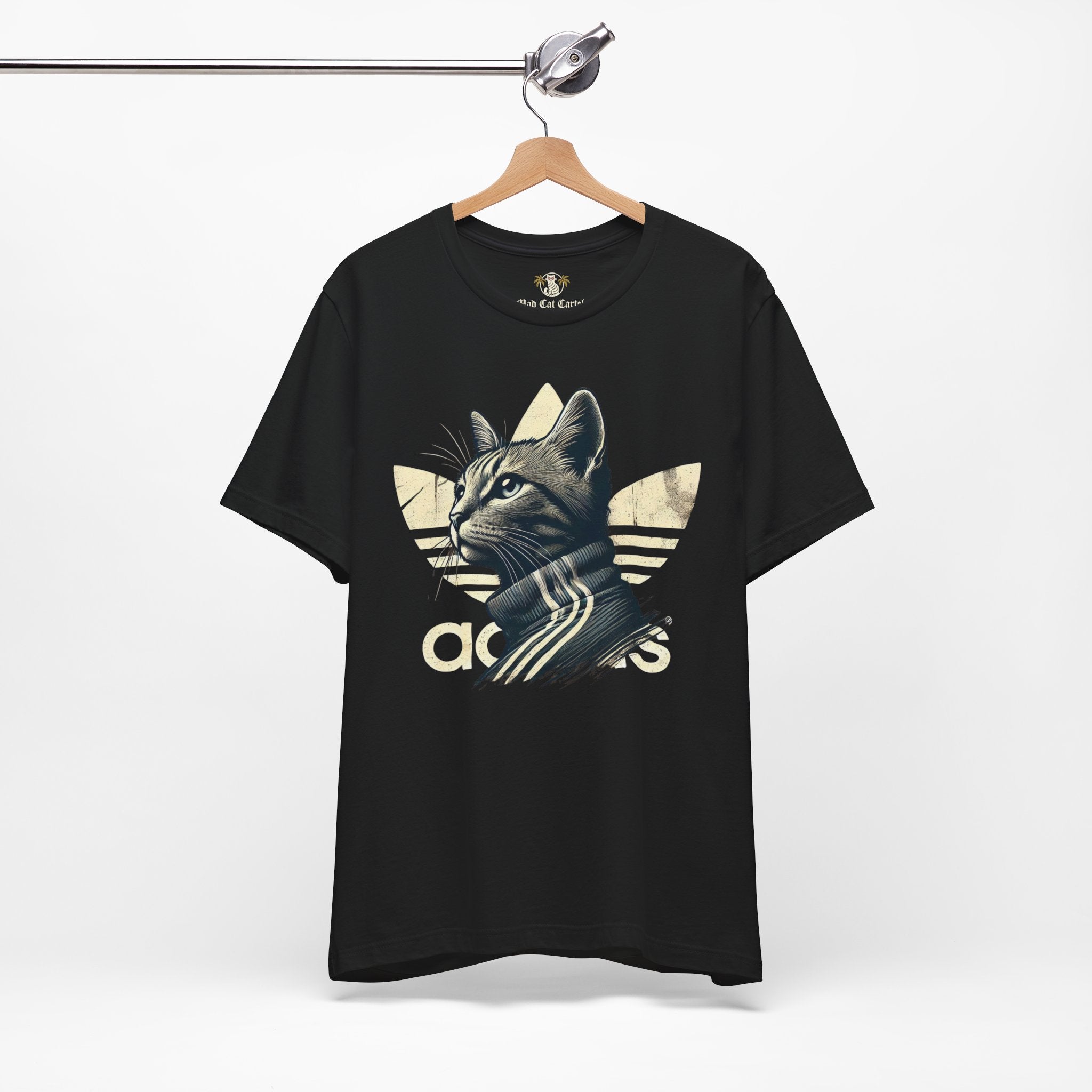 Adicats Originals retro graphic t shirt for cat lovers, black color front on hanger, parody cat design