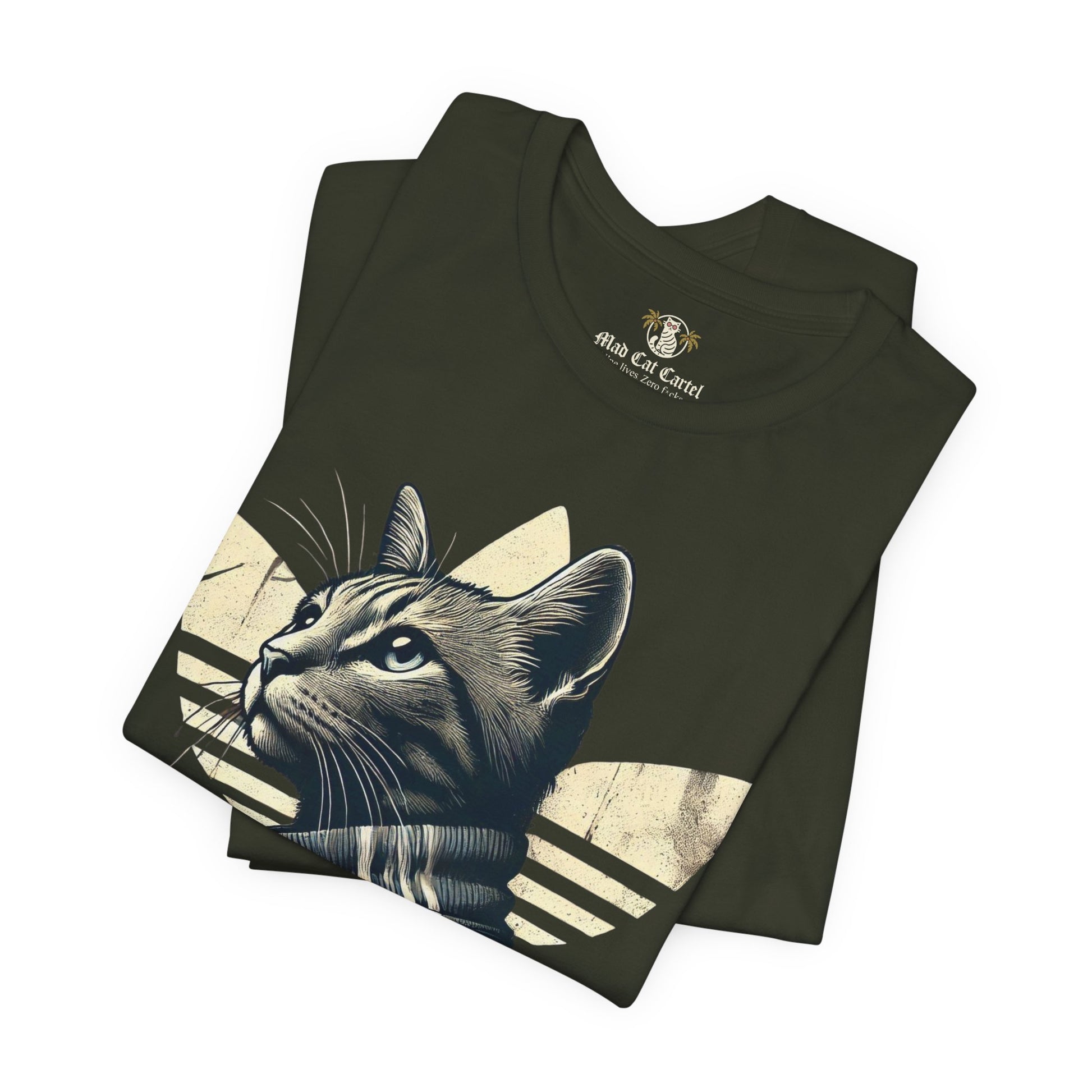 folded dark olive Adicats cotton tees, close up of retro cat print, parody t shirt for cat lovers