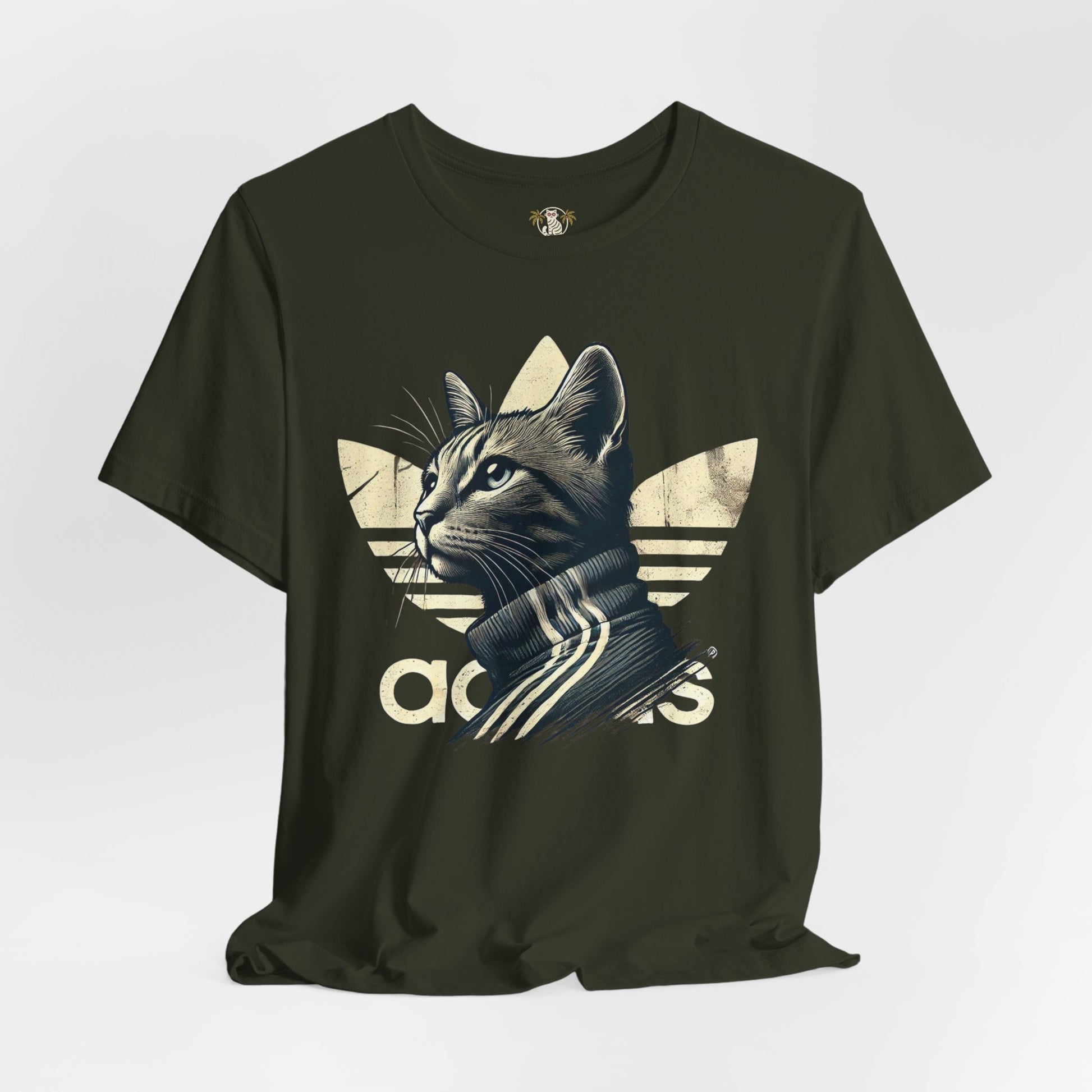 front studio view of dark olive Adicats cotton tees, funny print parody t shirt for cat lovers