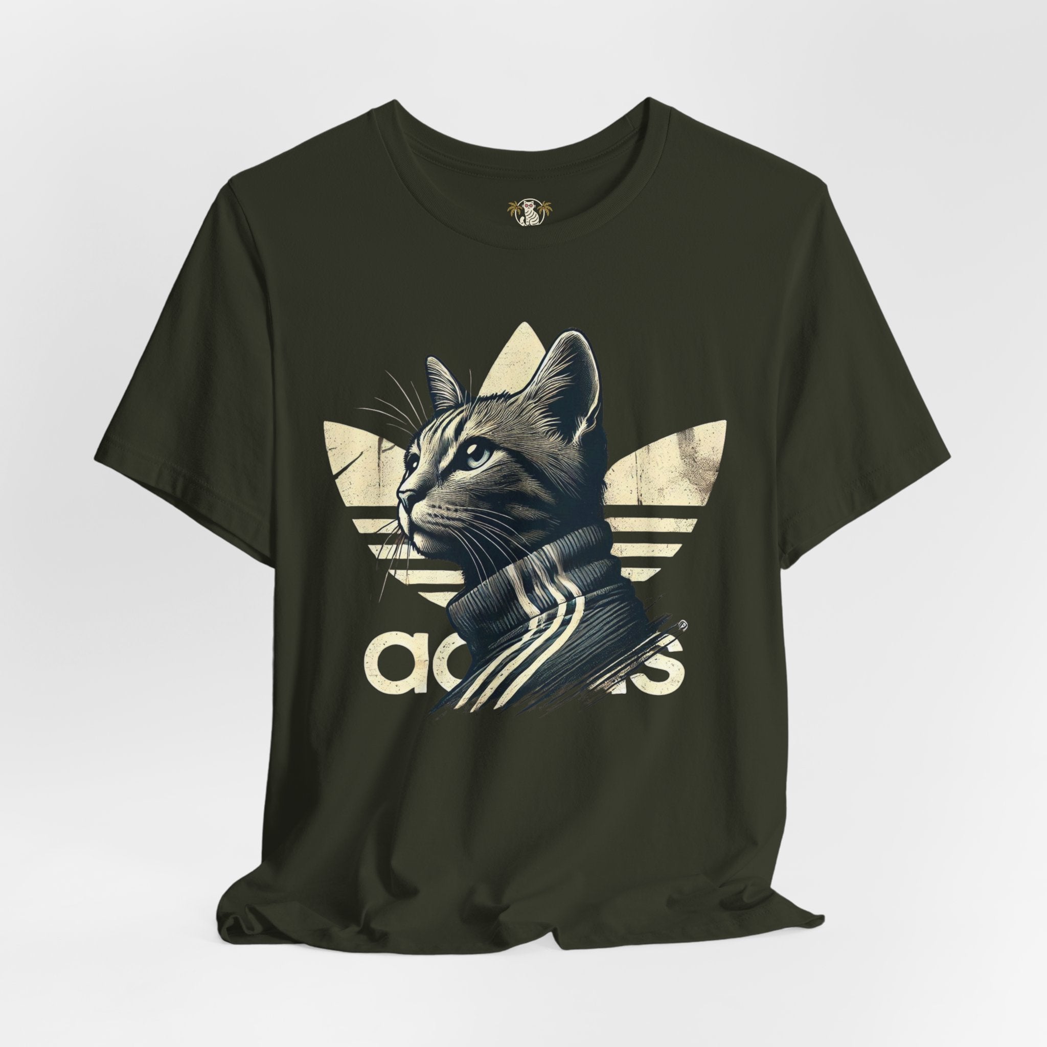 front studio view of dark olive Adicats cotton tees, funny print parody t shirt for cat lovers
