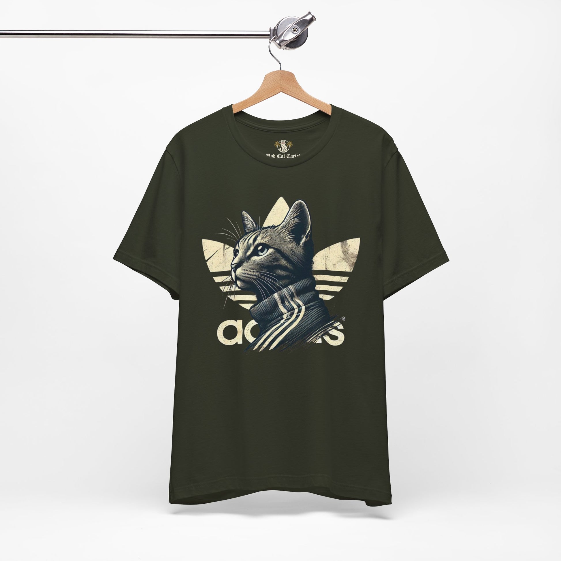 dark olive Adicats cat lovers t shirt hanging on hanger, front angle, funny parody cotton tee