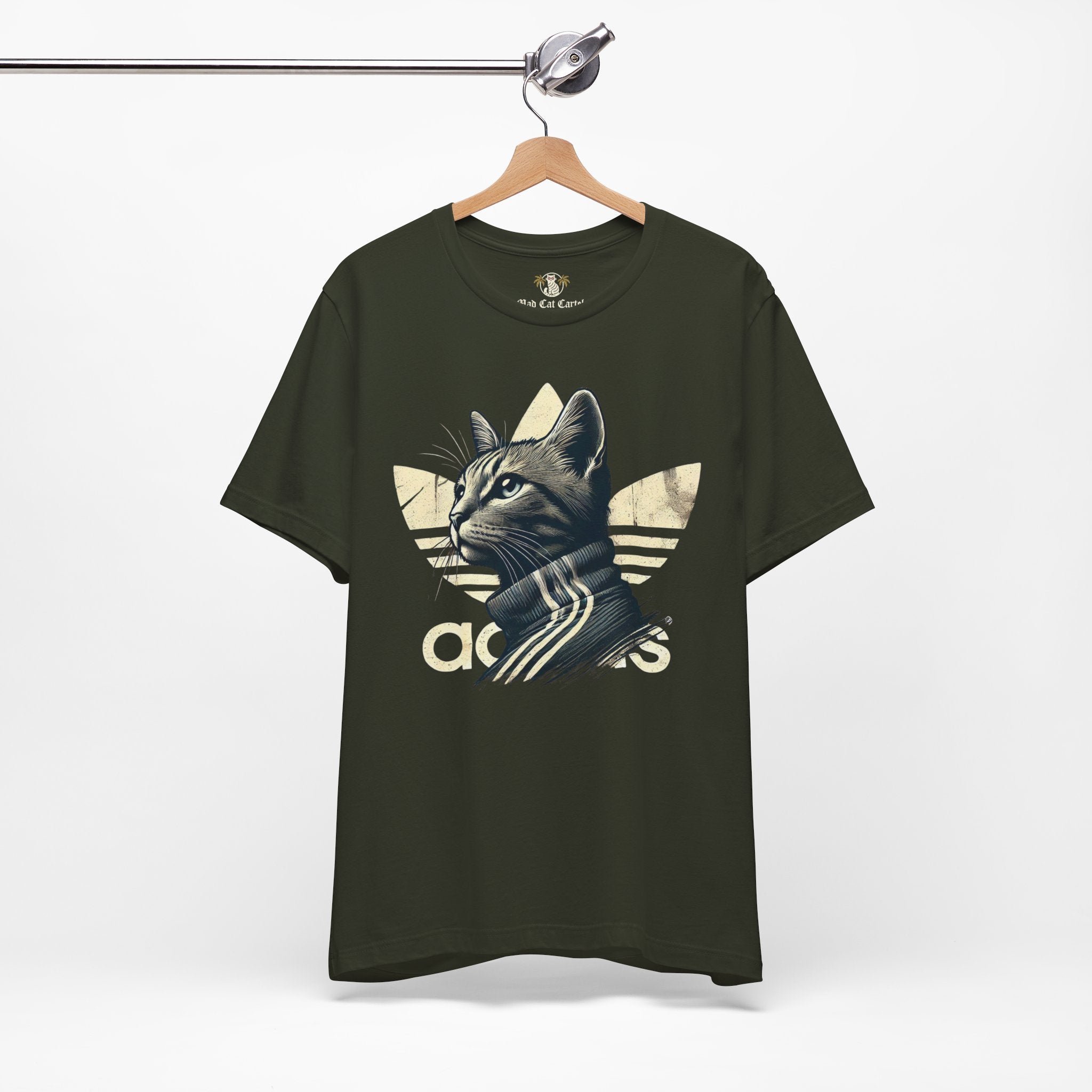 dark olive Adicats cat lovers t shirt hanging on hanger, front angle, funny parody cotton tee