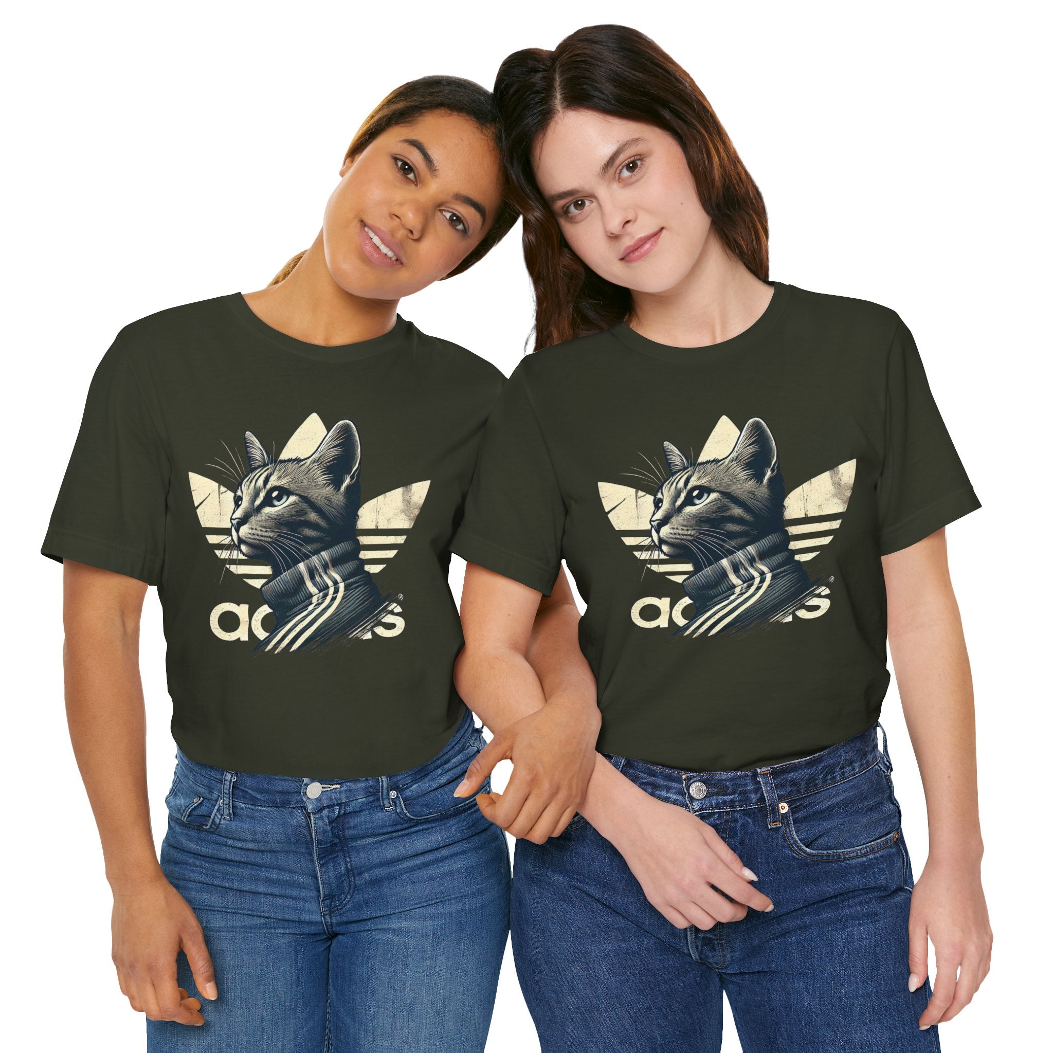 two women wearing dark olive Adicats parody t shirts, front view, ladies cotton cat graphic tees
