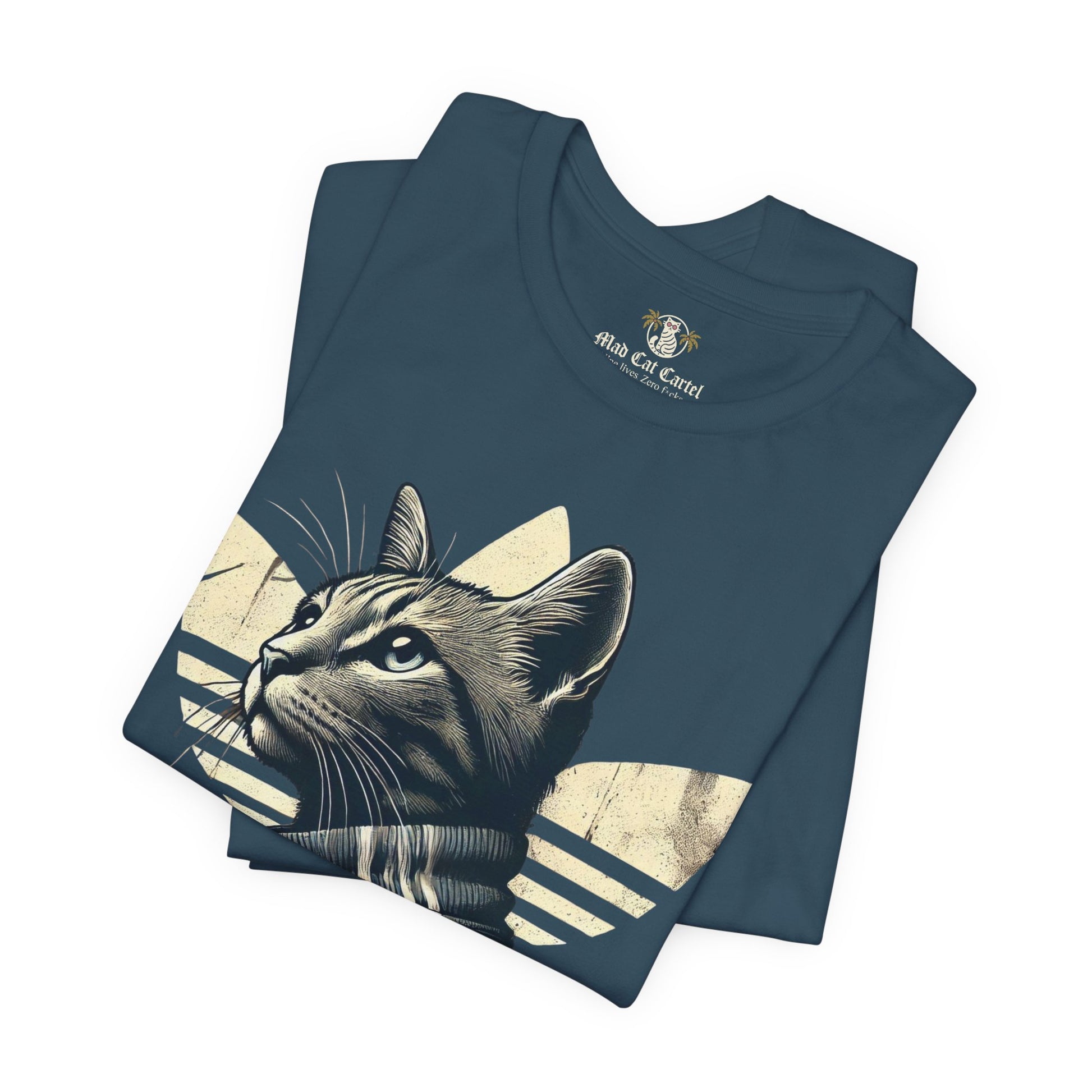 folded deep teal Adicats cotton t shirts, close up front print, funny cat lovers tee