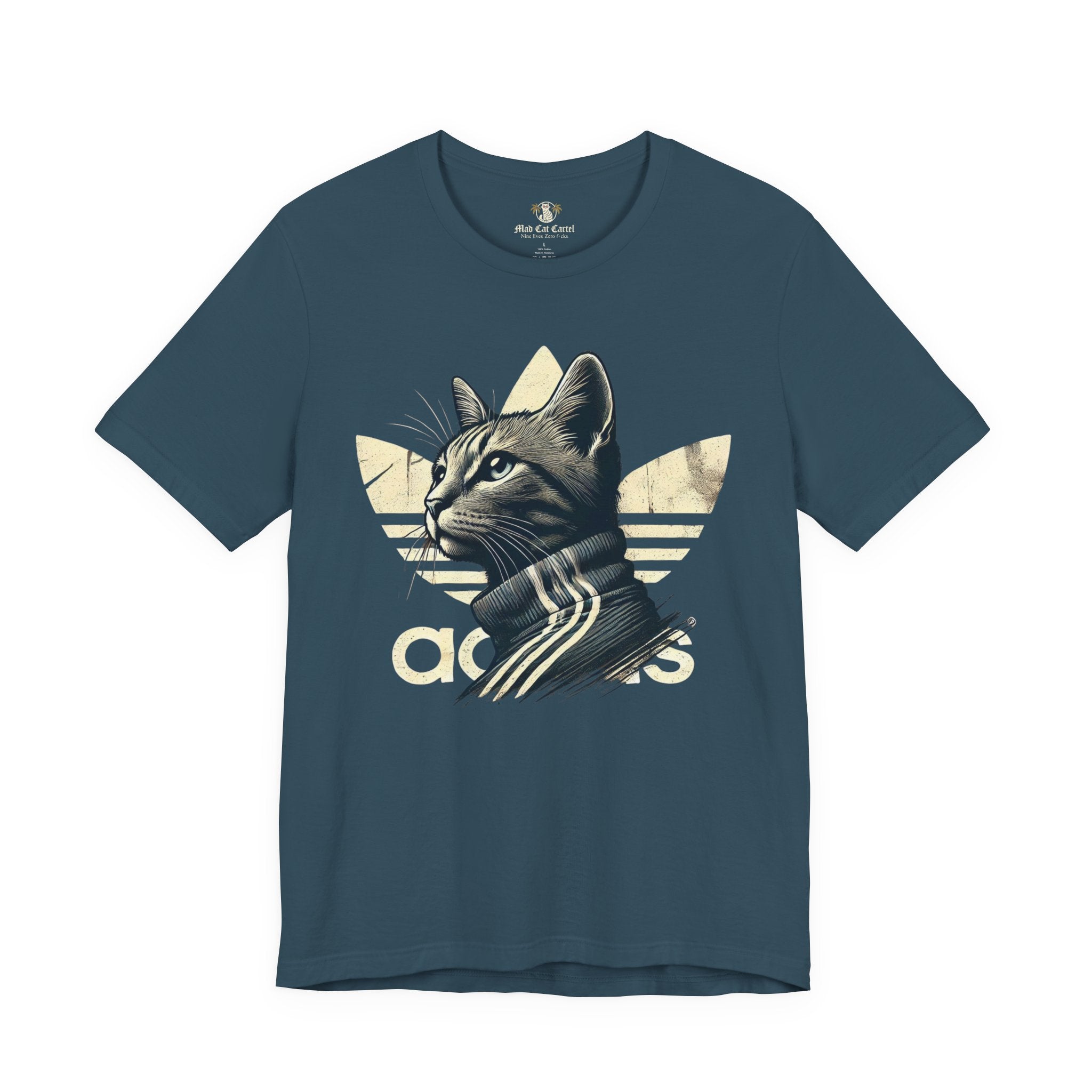 deep teal Adicats cat lovers t shirt, front flat view, retro graphic parody design