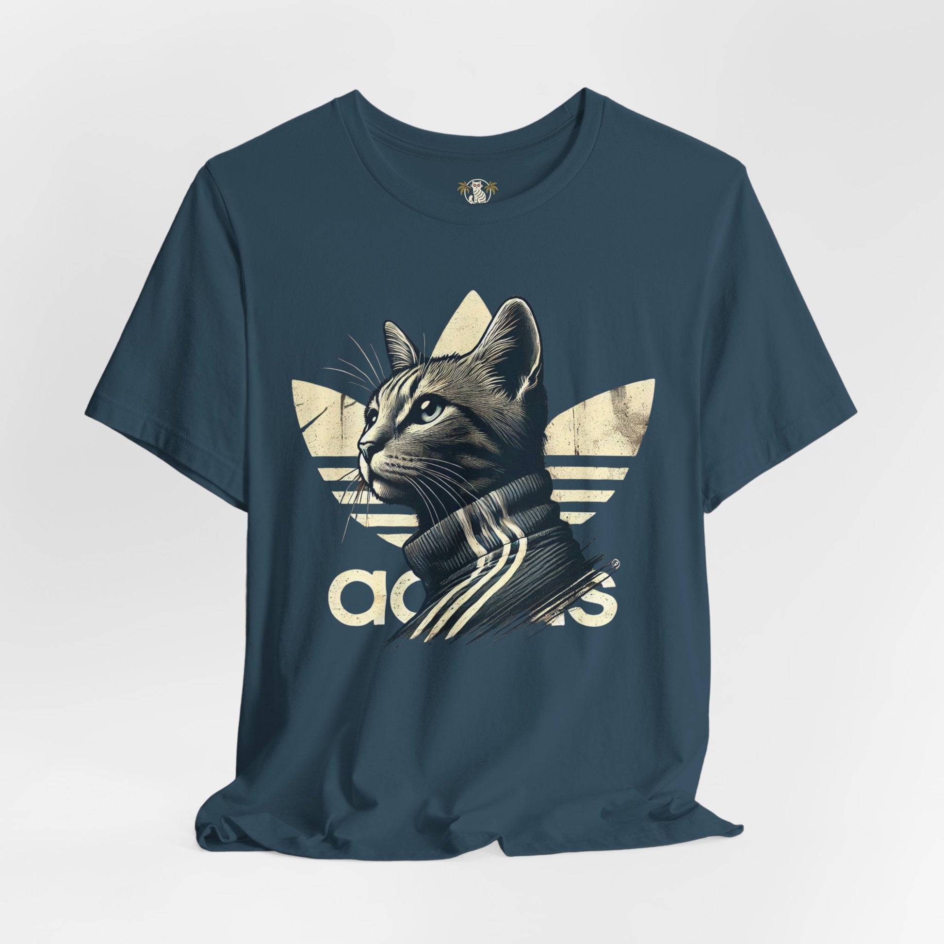 deep teal Adicats parody t shirt front view, casual cotton tee for cat lovers