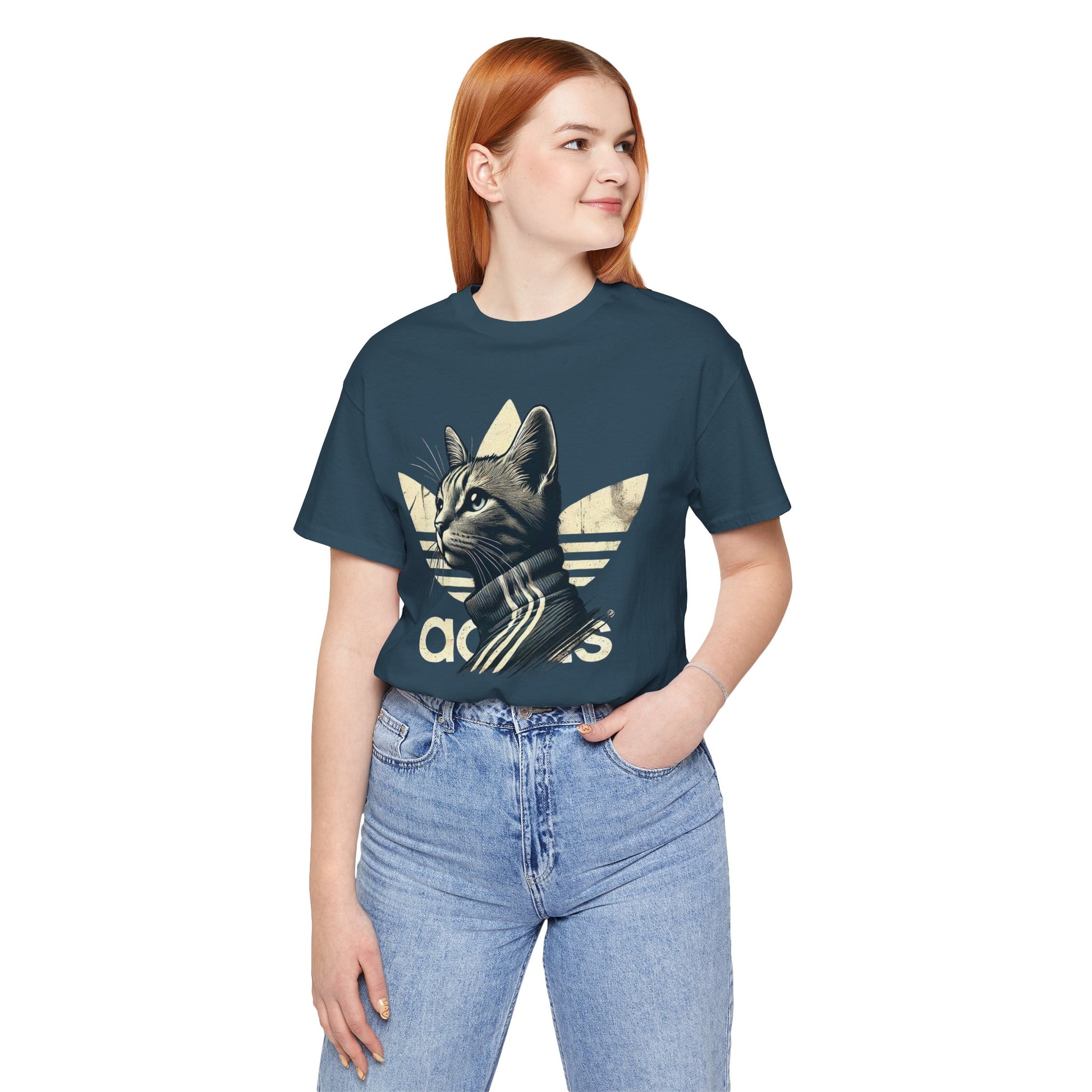 deep teal adicats t shirt worn by female model, casual cotton cat lovers shirt