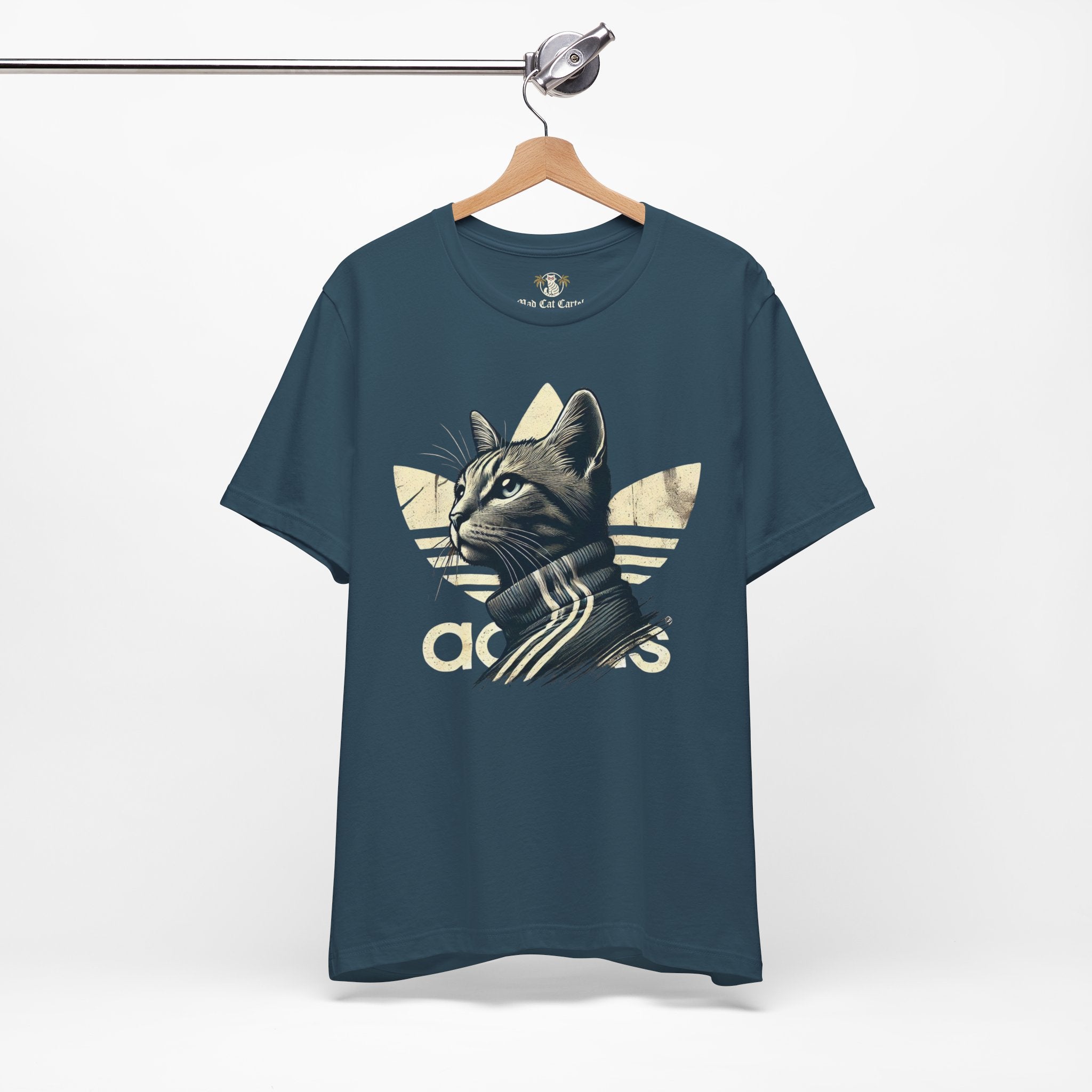 deep teal Adicats cat graphic t shirt on hanger, front angle, unisex parody tee