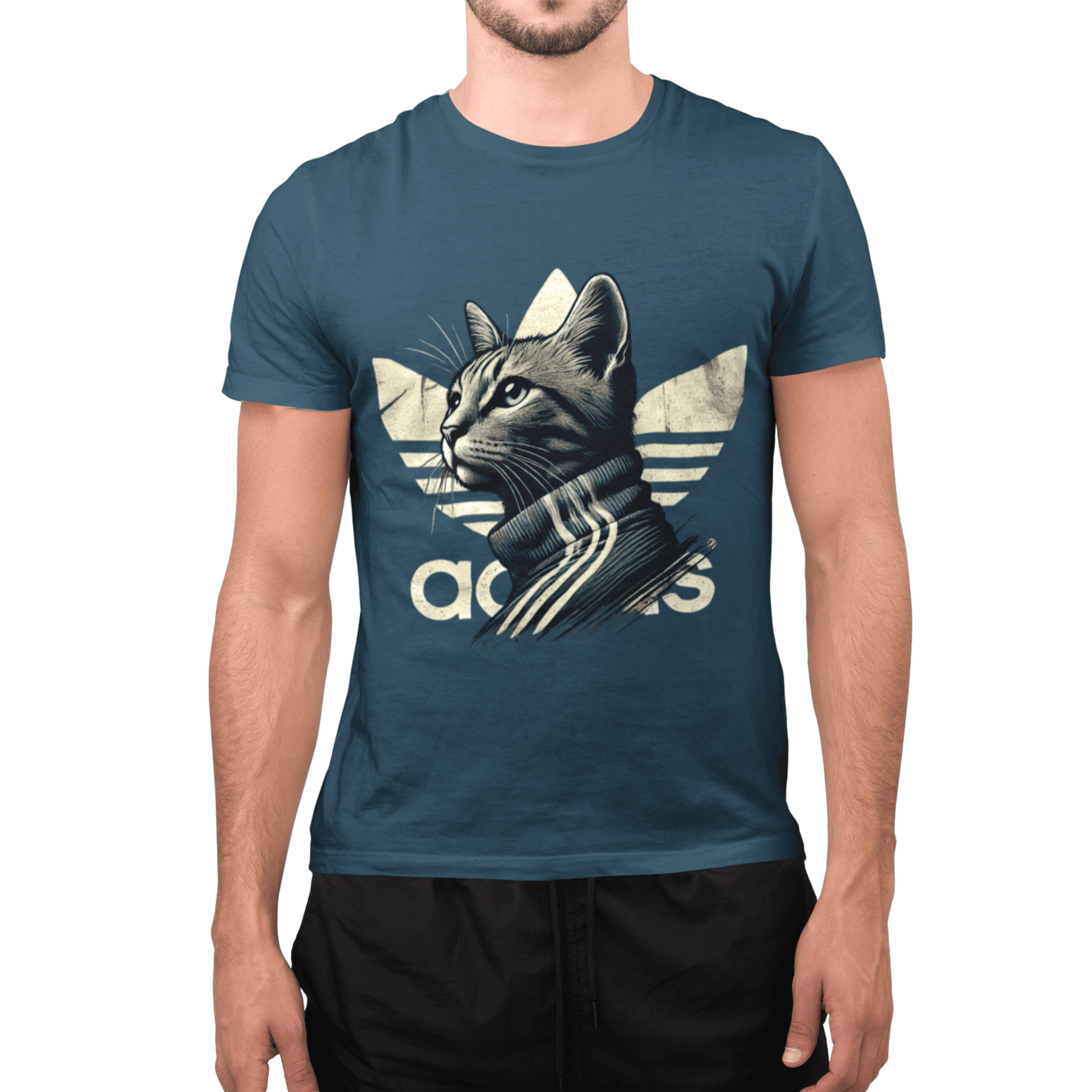 deep teal Adicats tee on male model, front view, funny t shirt for men