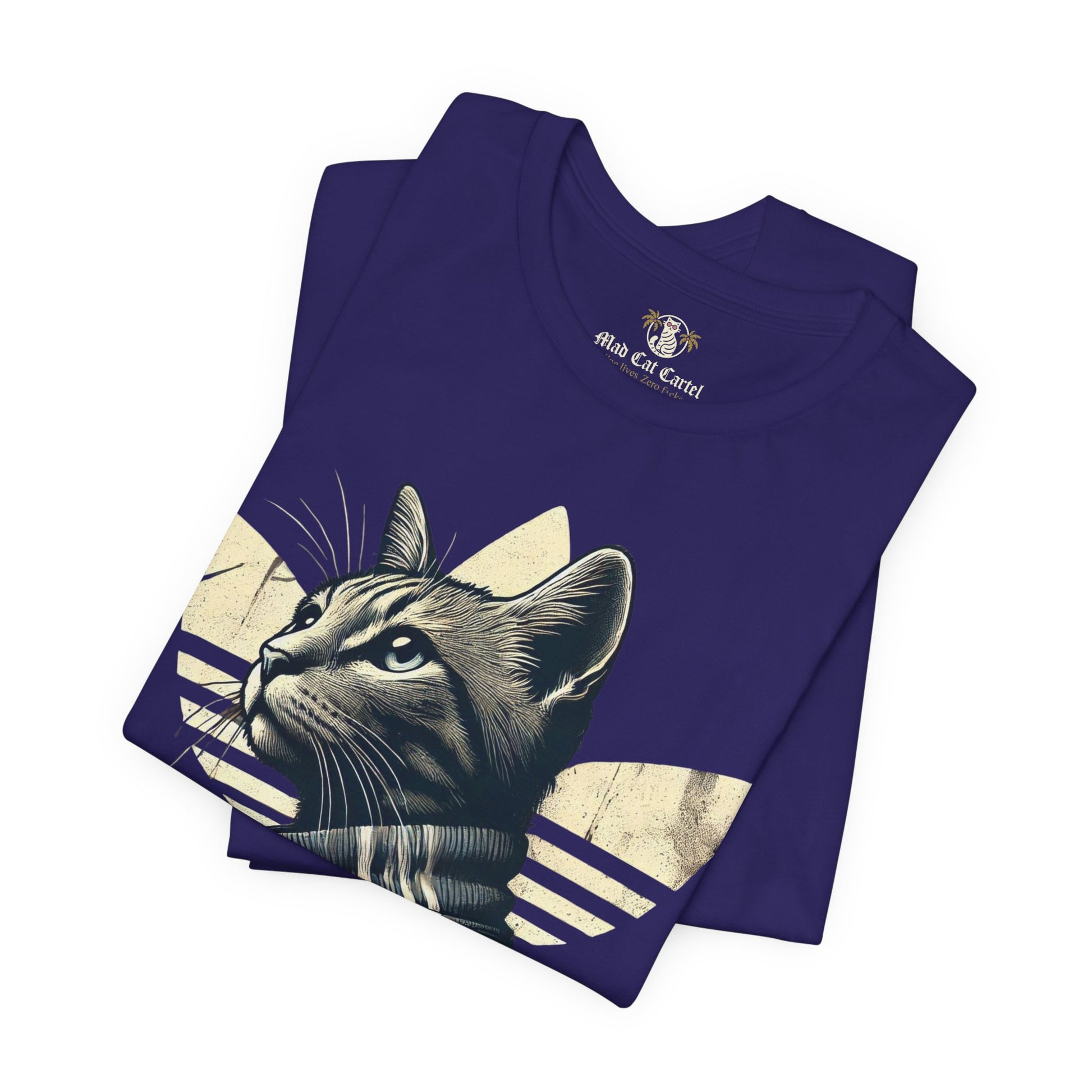 folded team navy Adicats cotton t shirts, close up cat design, casual parody tee for cat lovers