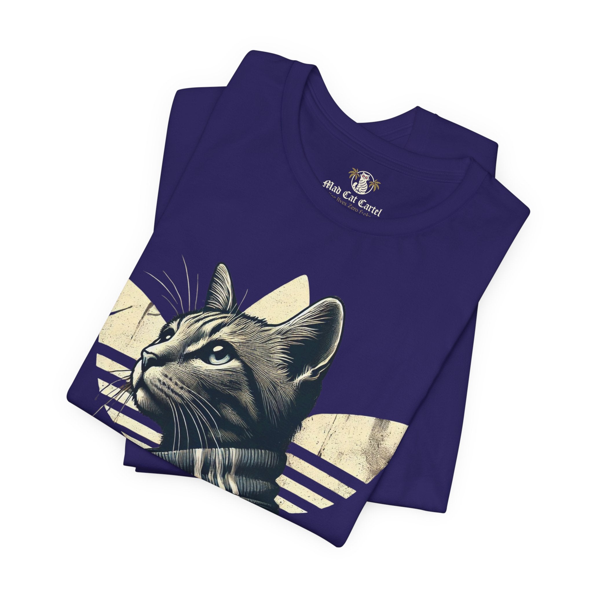 folded team navy Adicats cotton t shirts, close up cat design, casual parody tee for cat lovers