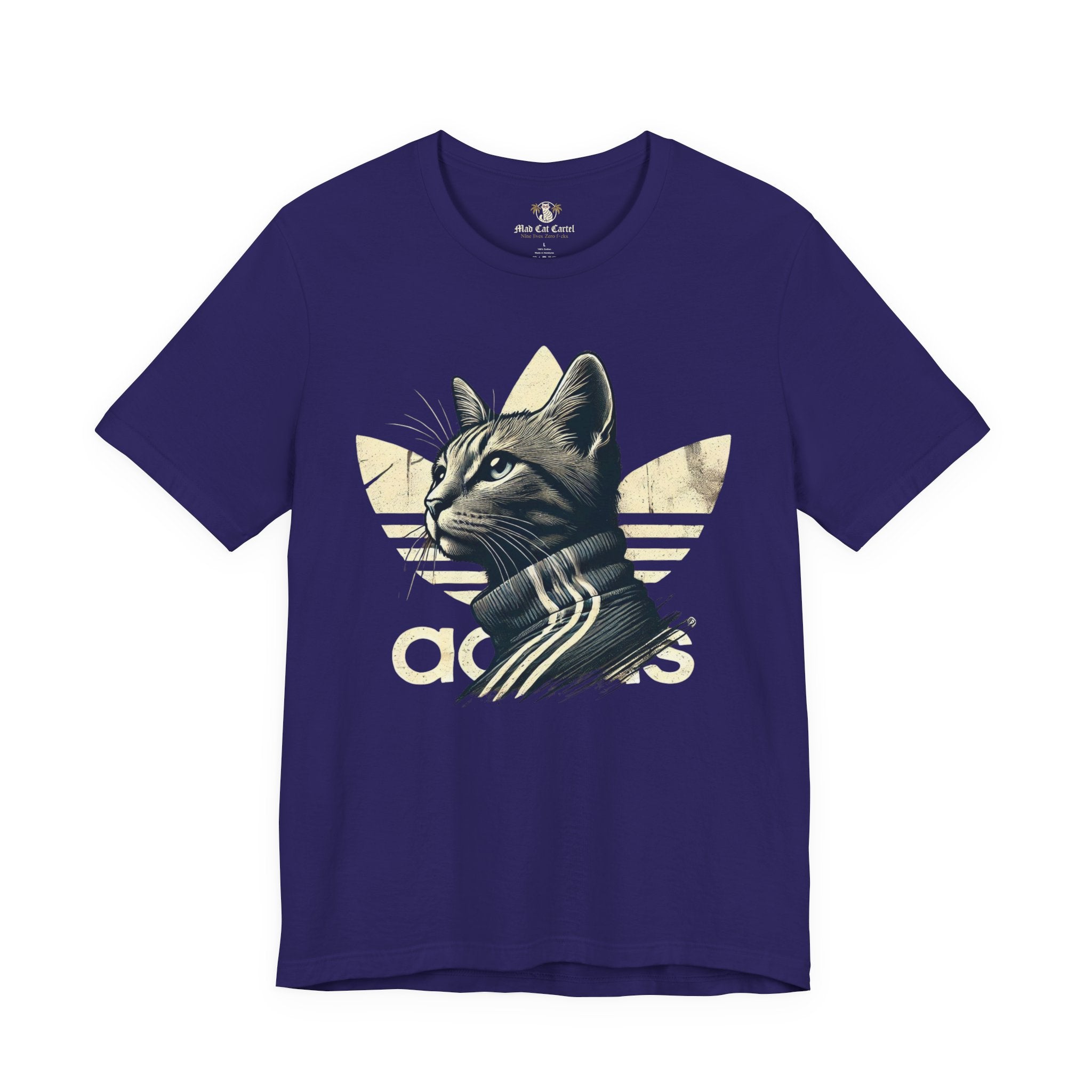 team navy Adicats cat lovers t shirt on hanger, straight front view, cotton parody tee