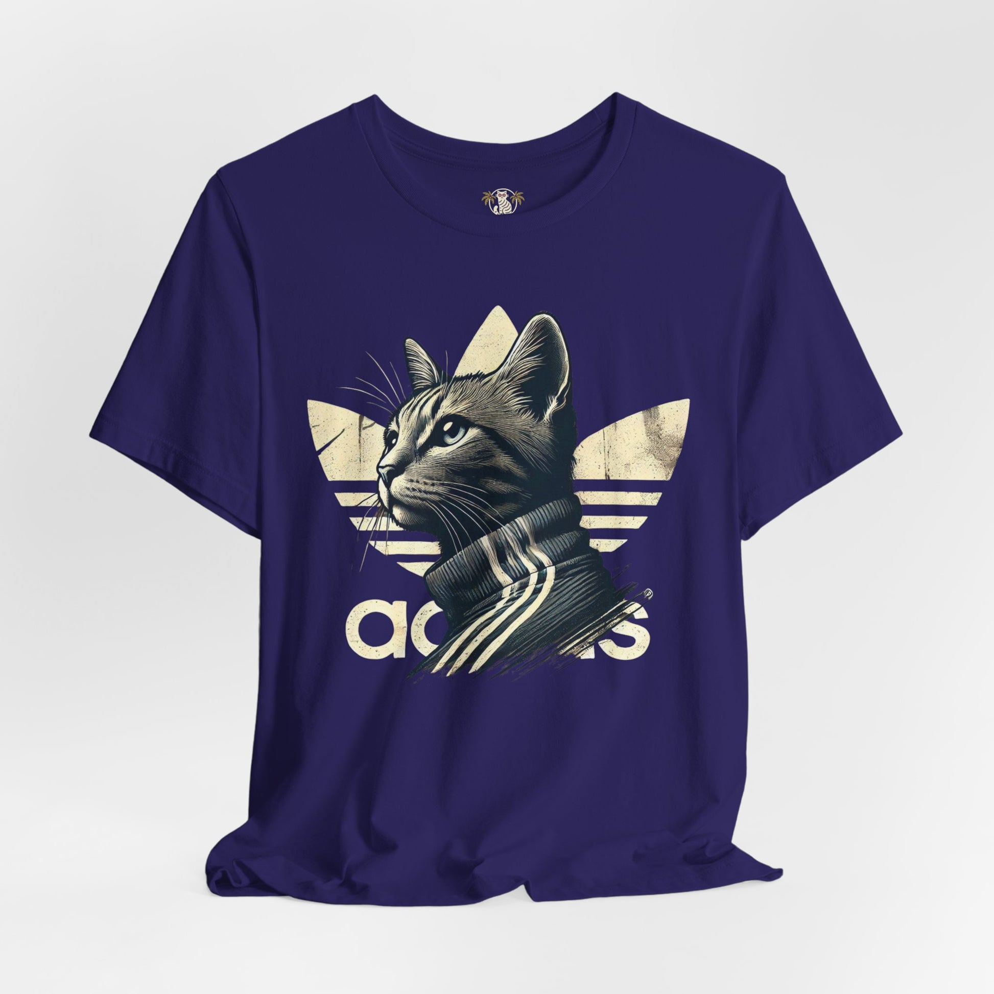 team navy Adicats parody t shirt laid flat, front angle, casual cotton t shirt for cat lovers