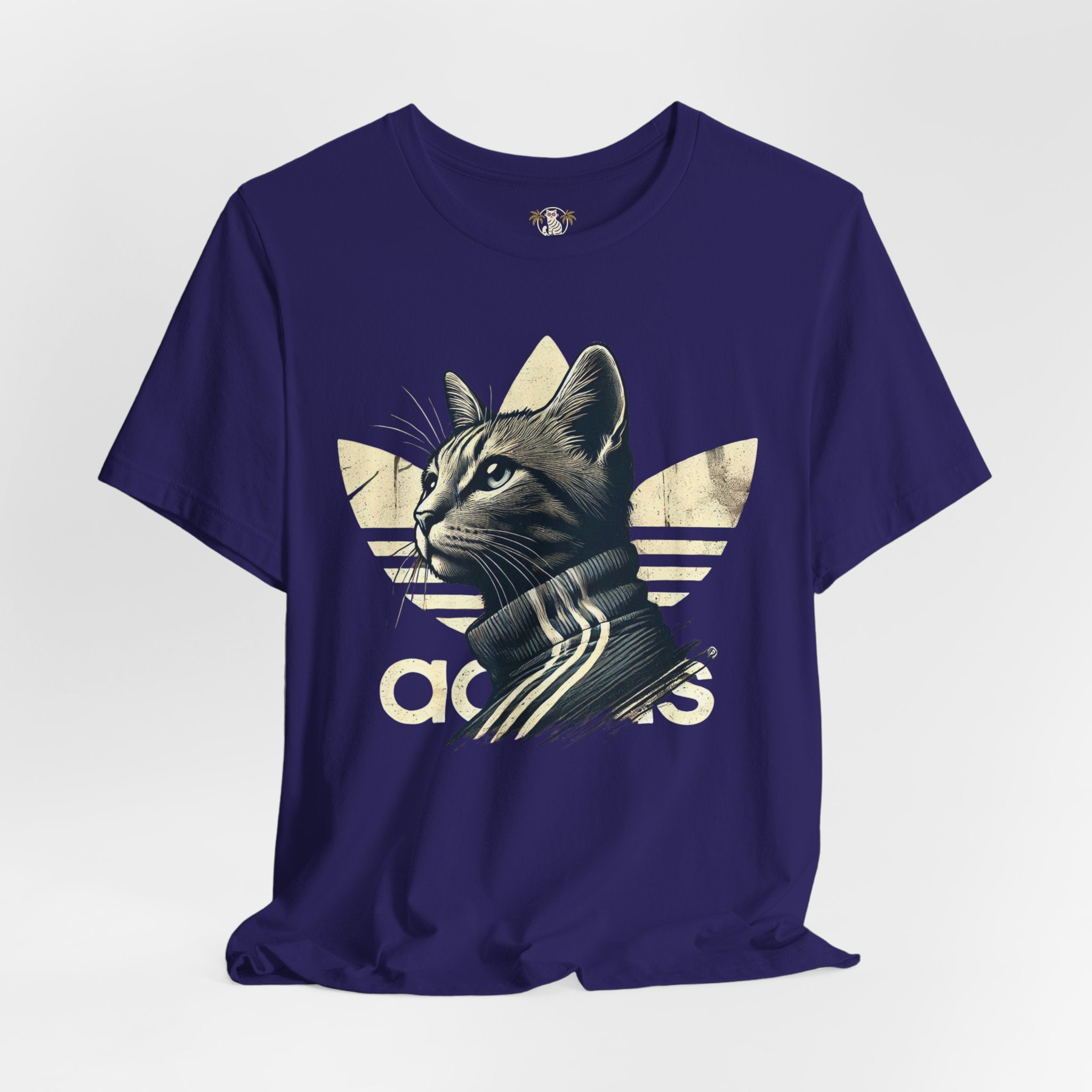 team navy Adicats parody t shirt laid flat, front angle, casual cotton t shirt for cat lovers
