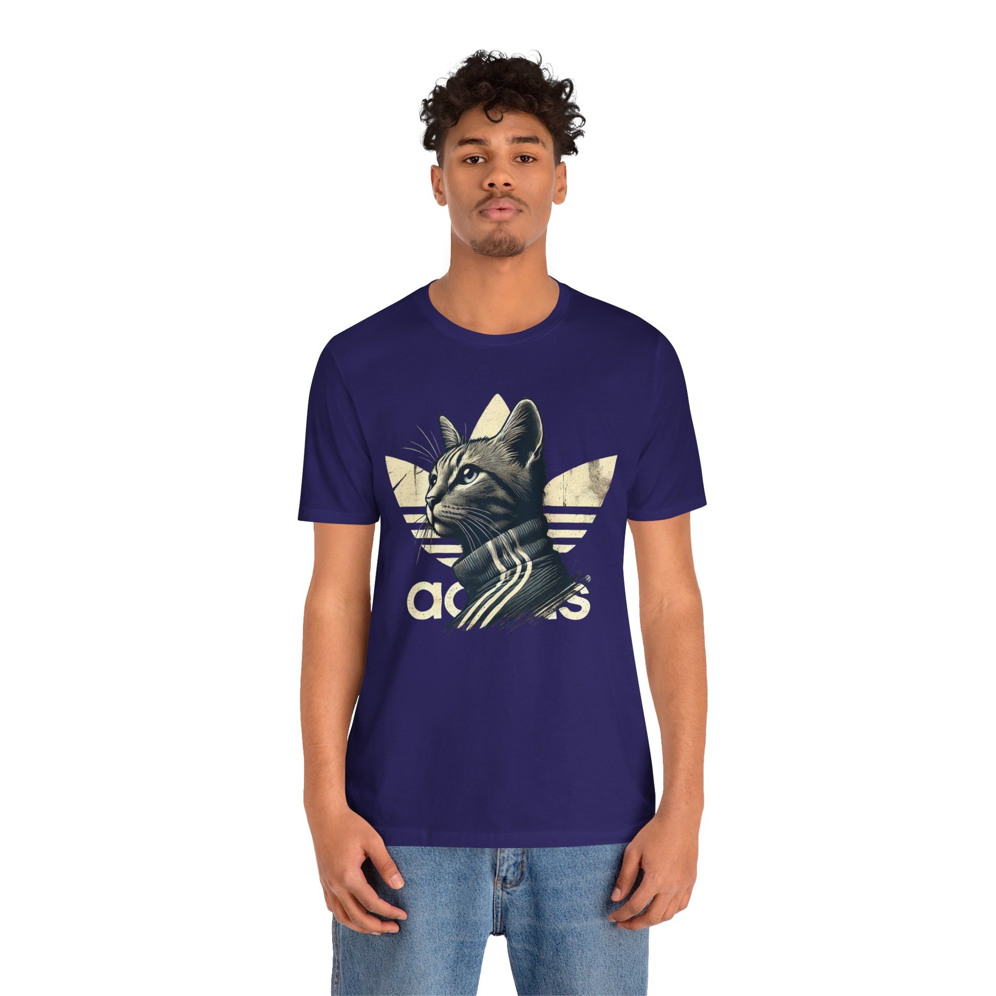 team navy version of Adicats cat graphic t shirt, front view on male model, parody tee for cat lovers