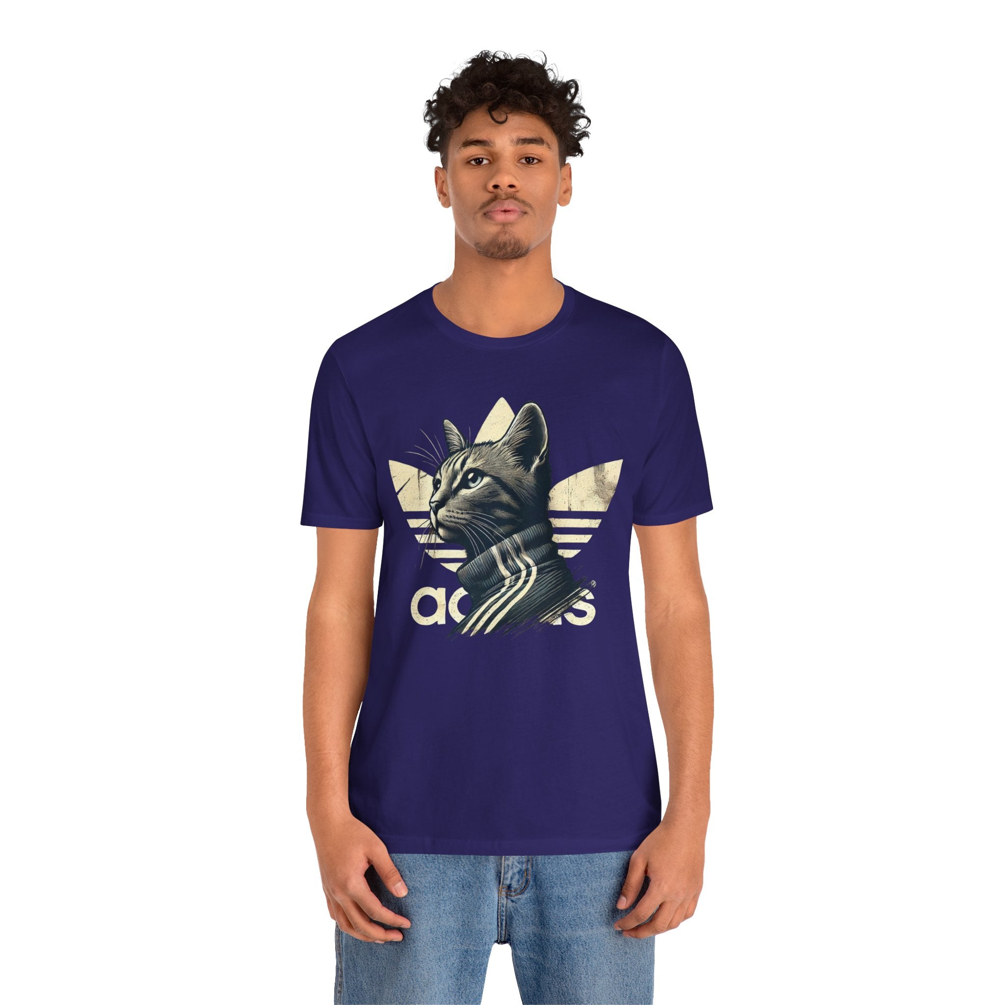 team navy version of Adicats cat graphic t shirt, front view on male model, parody tee for cat lovers
