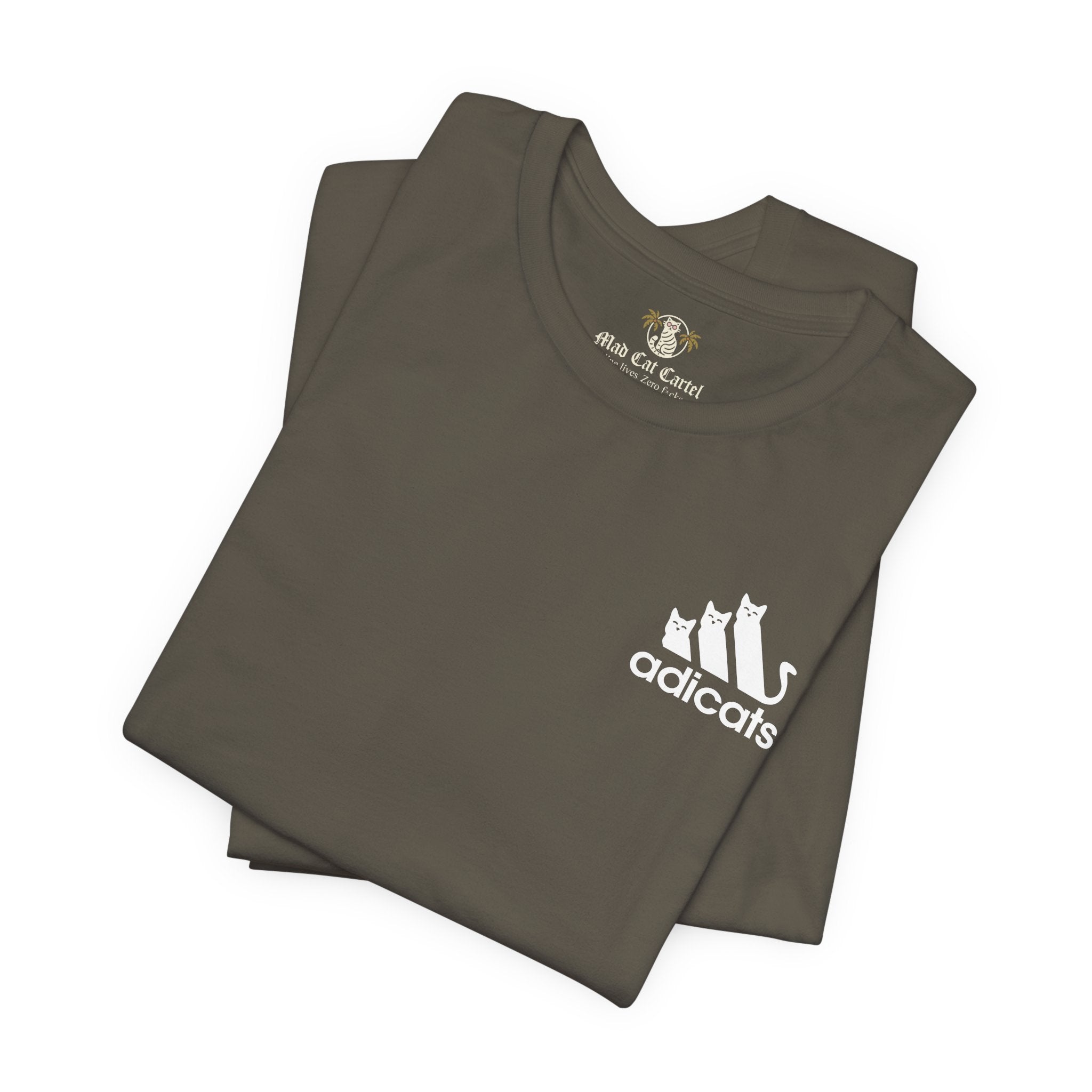 folded army green Adicats parody shirts, soft cotton gift idea for cat lovers