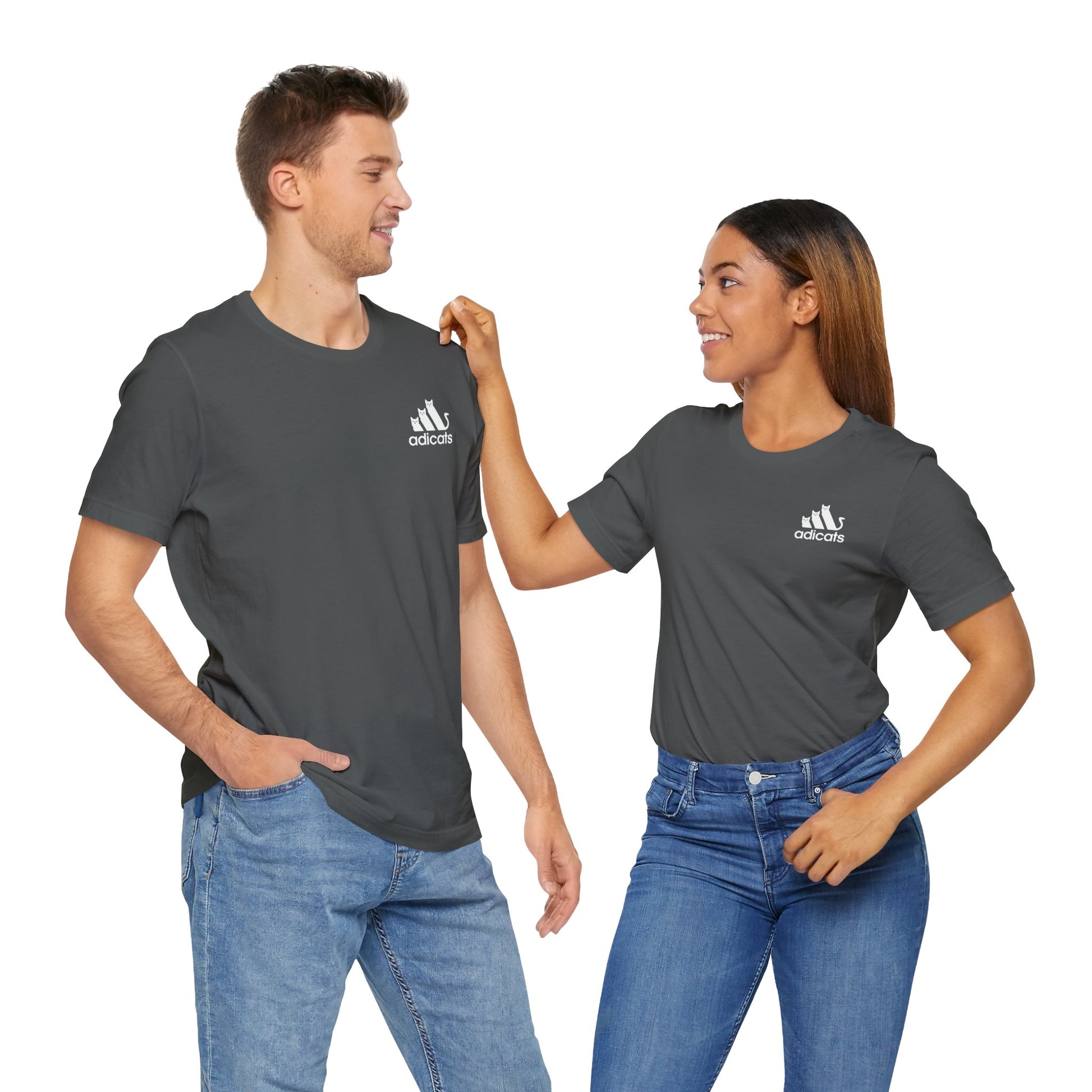 couple wearing asphalt gray Adicats parody logo t shirts, funny gift ideas for cat lovers