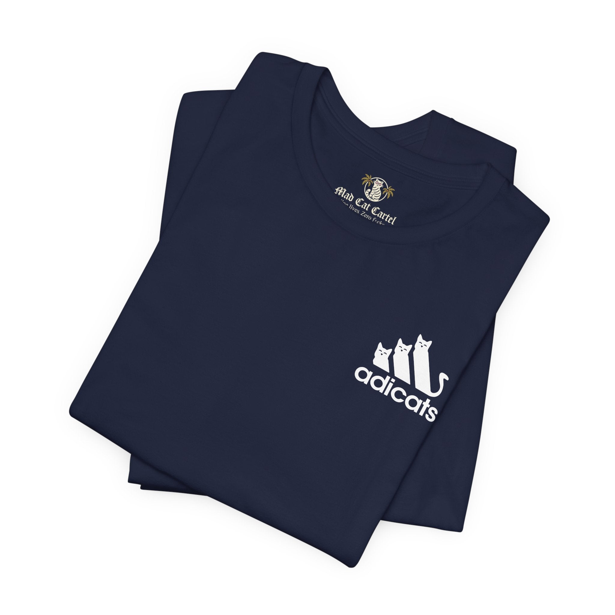 front view of folded navy blue Adicats parody shirts, gift idea for cat lovers