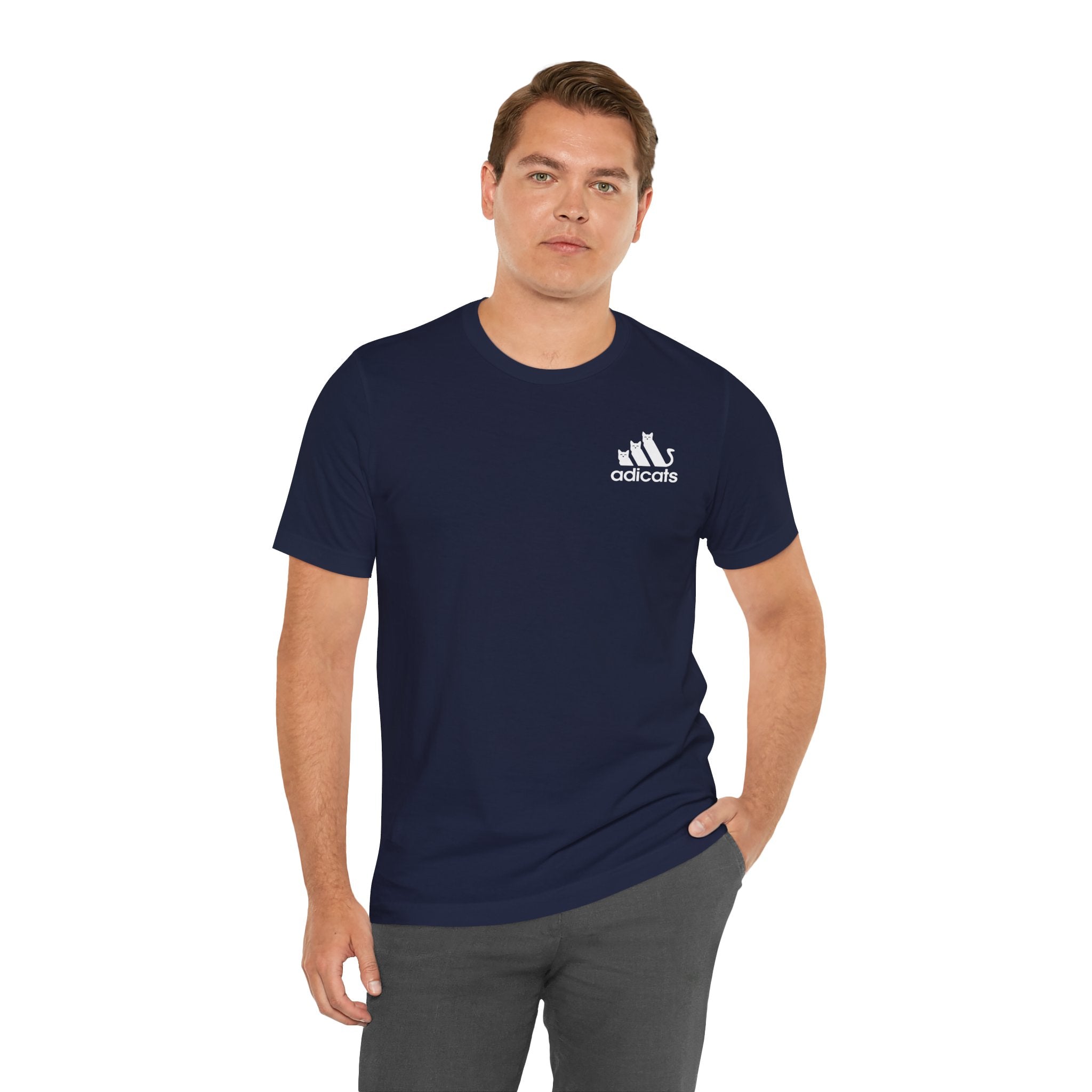 male model wearing navy blue Adicats t shirt, funny t shirt for cat lovers