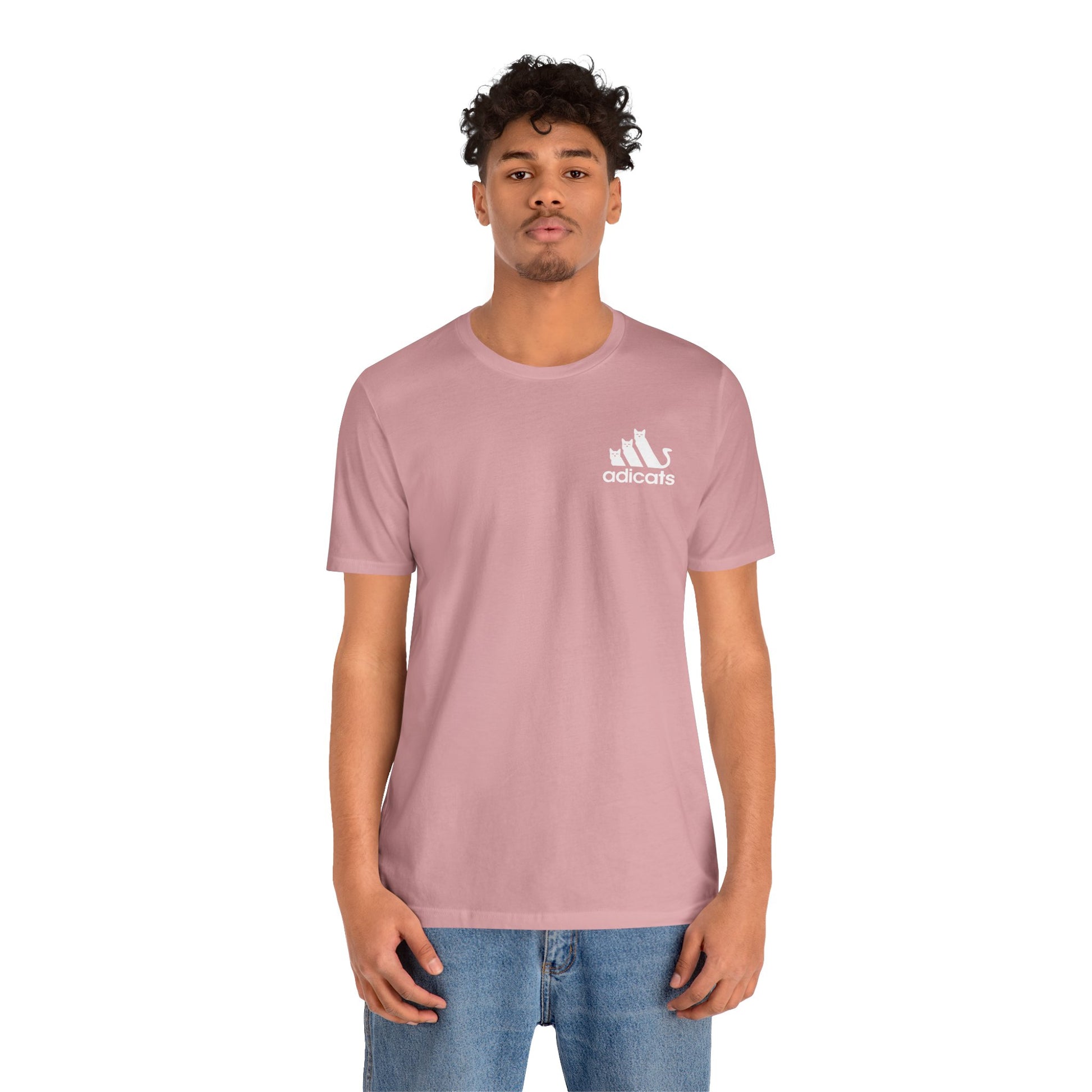 male model in pink orchid Adicats t shirt, soft cotton tee for cat lovers
