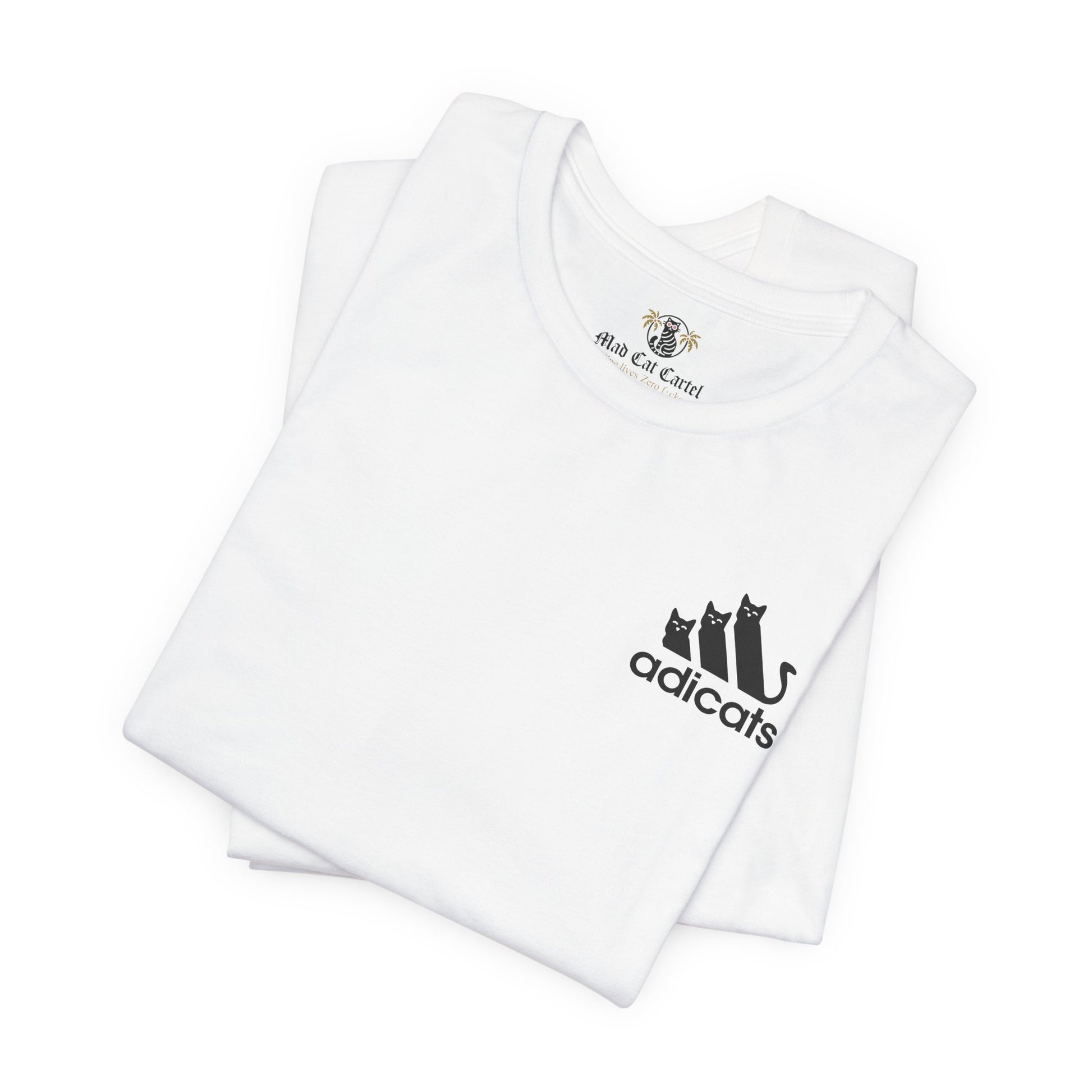folded white Adicats parody shirts, soft cotton gift idea for cat lovers