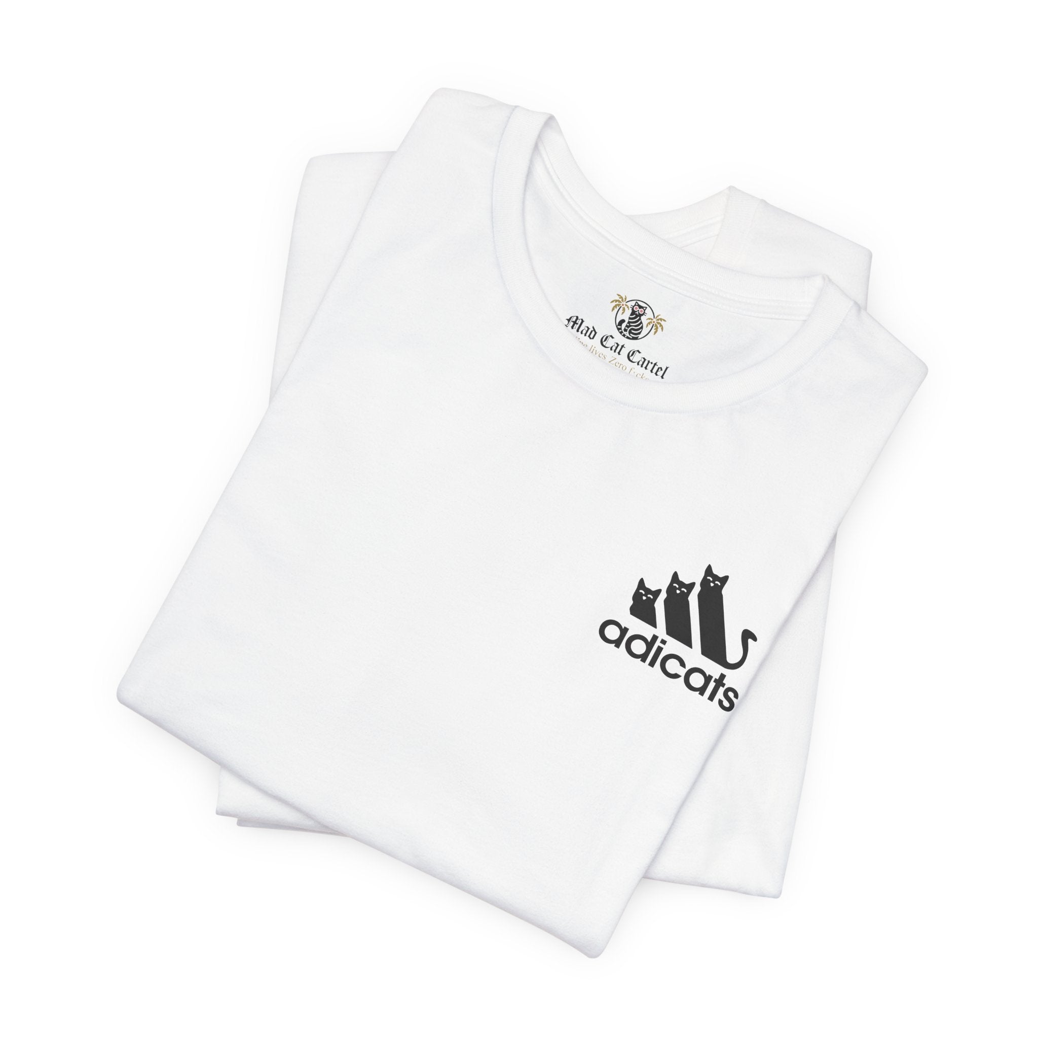 folded white Adicats parody shirts, soft cotton gift idea for cat lovers