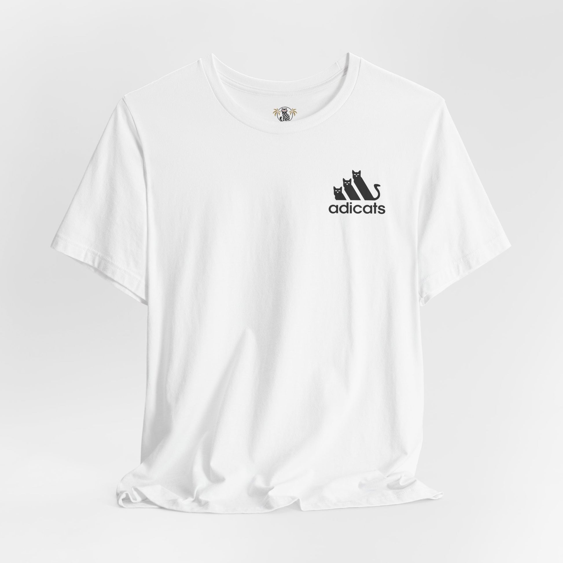 front view of white Adicats t shirt, cotton parody tee for men and women, studio photo