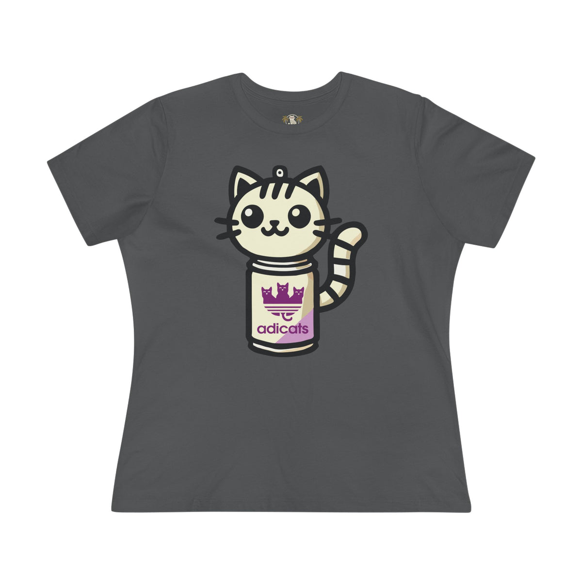 Adicats Spray Kitty Women's Graphic T-Shirt in asphalt, flat lay