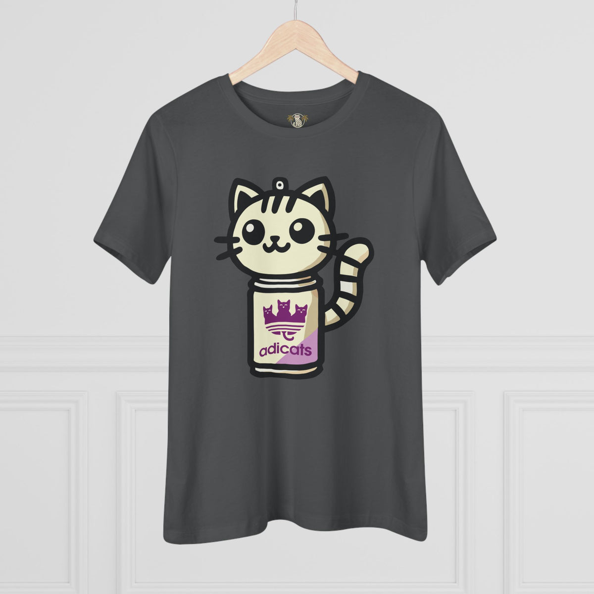 Adicats Spray Kitty Women's Graphic T-Shirt in asphalt, on a hanger