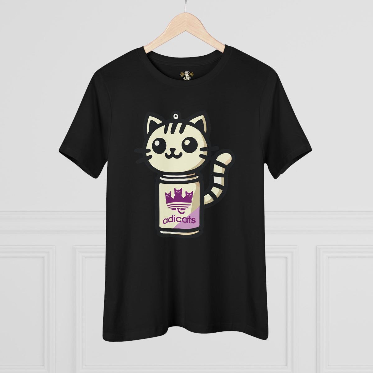 Adicats Spray Kitty Women's Graphic T-Shirt in black, on a hanger