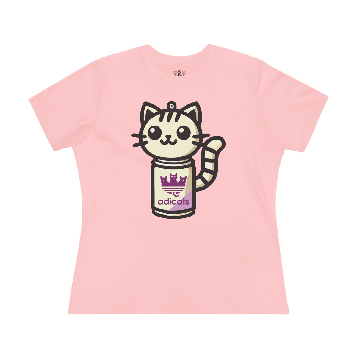 Adicats Spray Kitty Women's Graphic T-Shirt in pink, flat lay