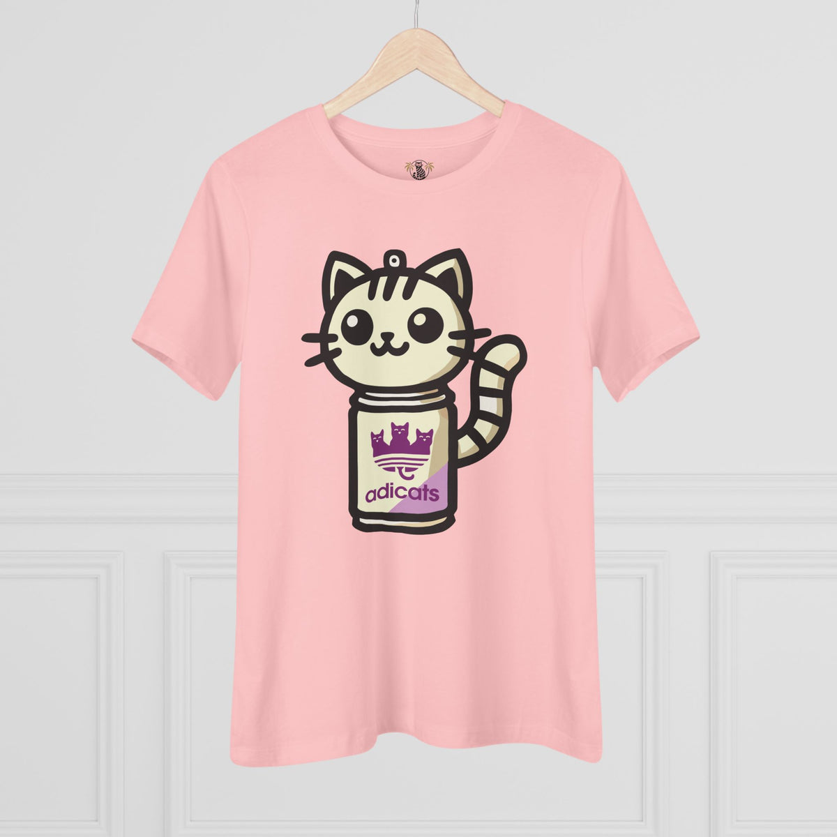 Adicats Spray Kitty Women's Graphic T-Shirt in pink, on a hanger
