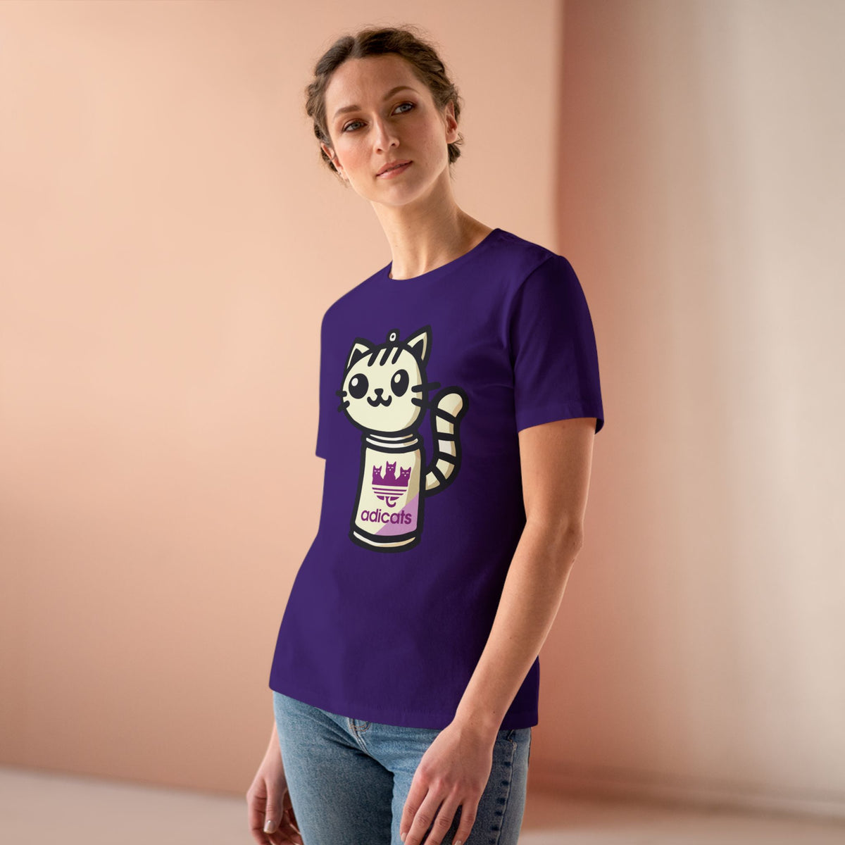 Adicats Spray Kitty Women's Graphic T-Shirt in team purple, worn by a female model