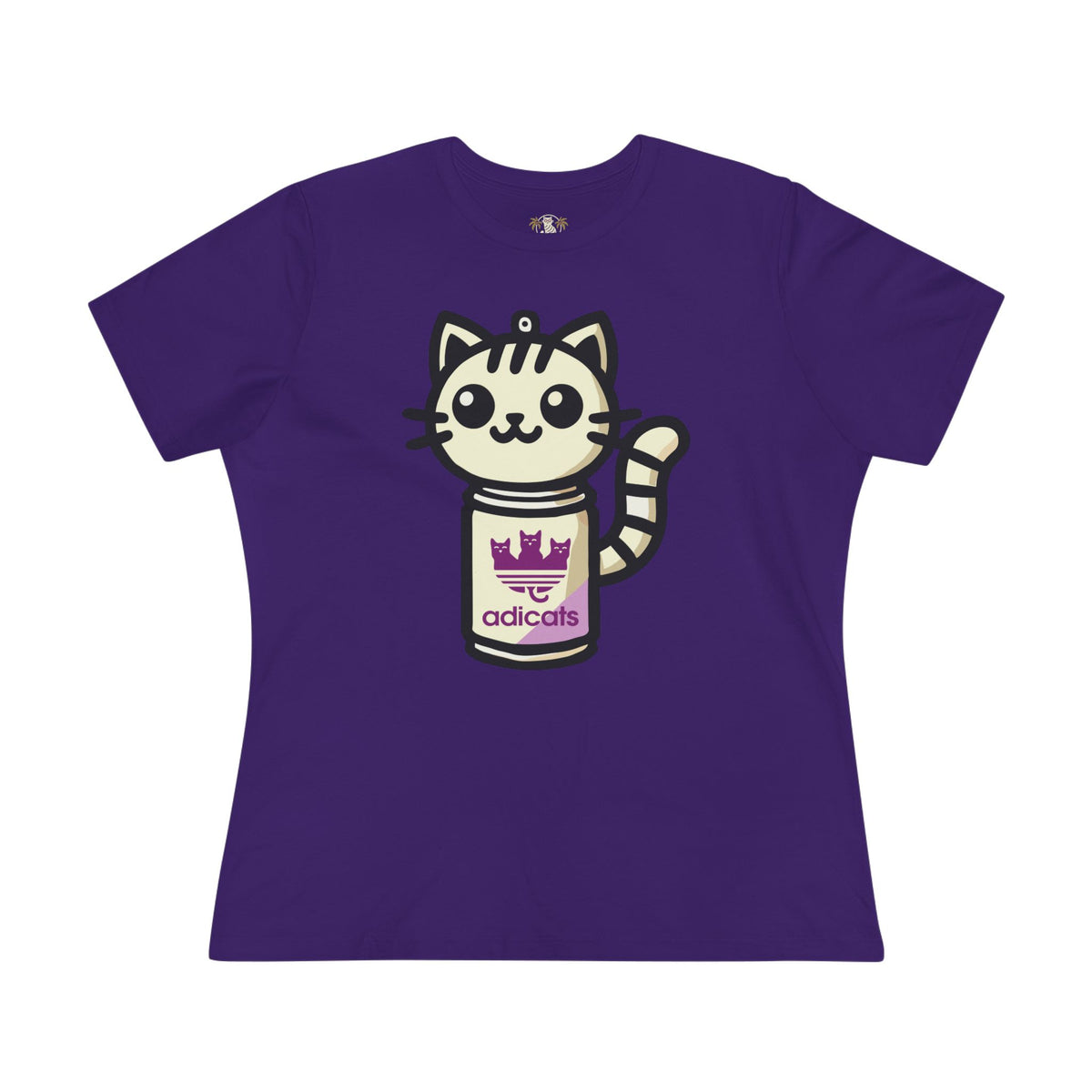 Adicats Spray Kitty Women's Graphic T-Shirt in team purple, flat lay