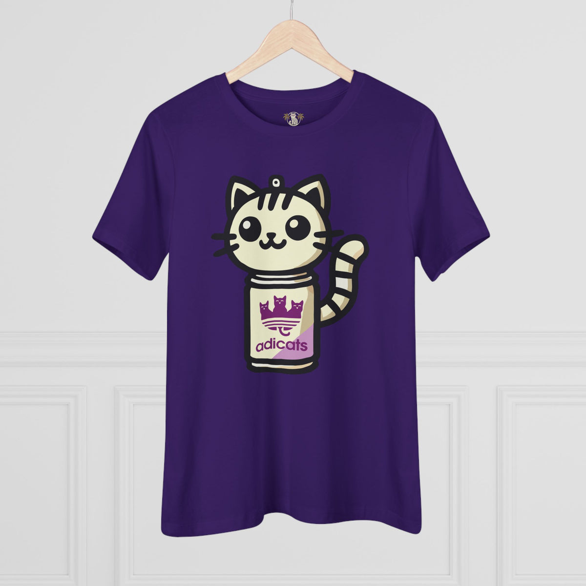 Adicats Spray Kitty Women's Graphic T-Shirt in team purple, on a hanger