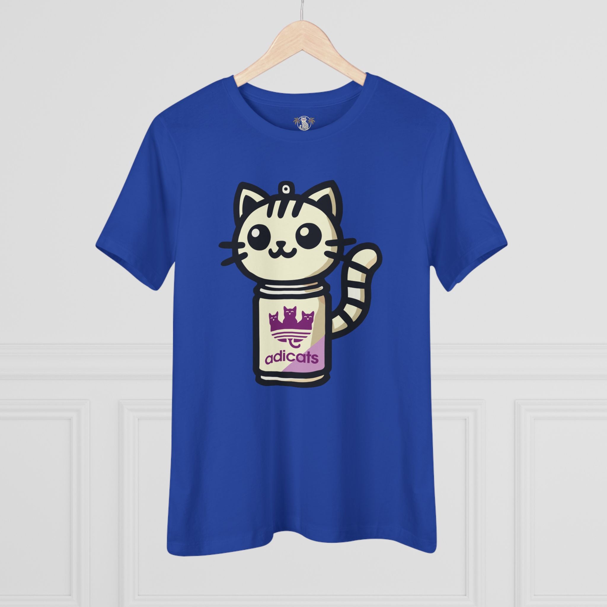 Adicats Spray Kitty Women's Graphic T-Shirt in true royal, on a hanger