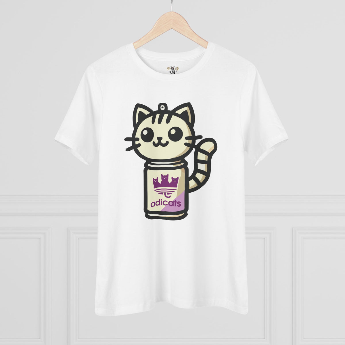 Adicats Spray Kitty Women's Graphic T-Shirt in white, on a hanger