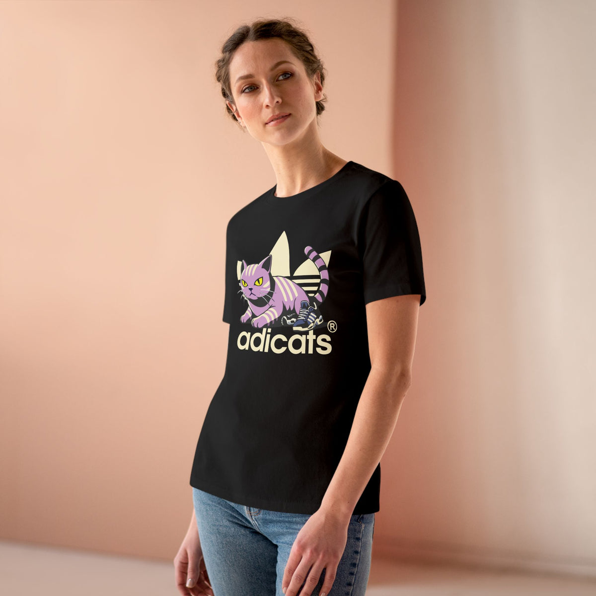 Adicats Street Prowler Women's Graphic T-Shirt in black, worn by a model
