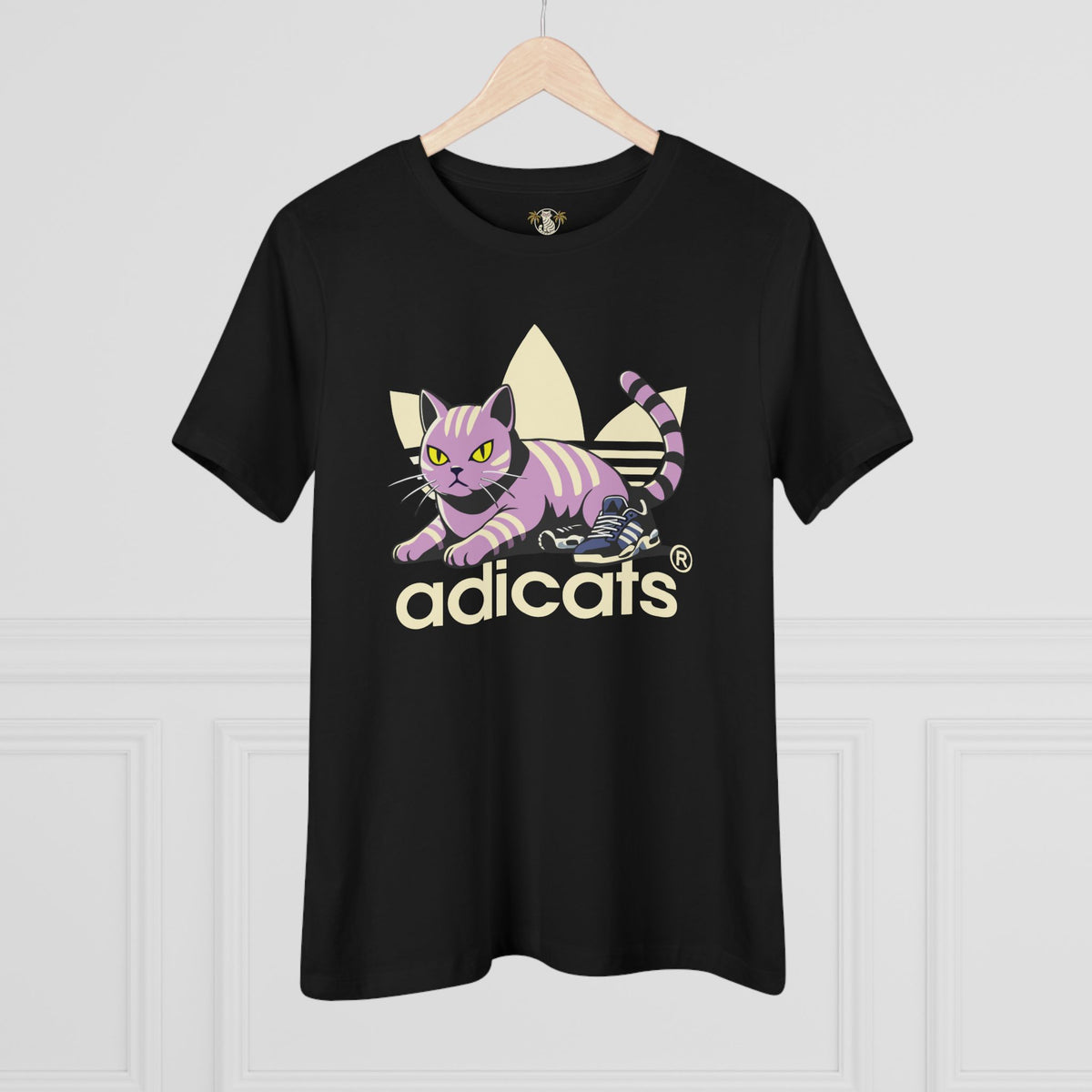 Adicats Street Prowler Women's Graphic T-Shirt in black, on a hanger