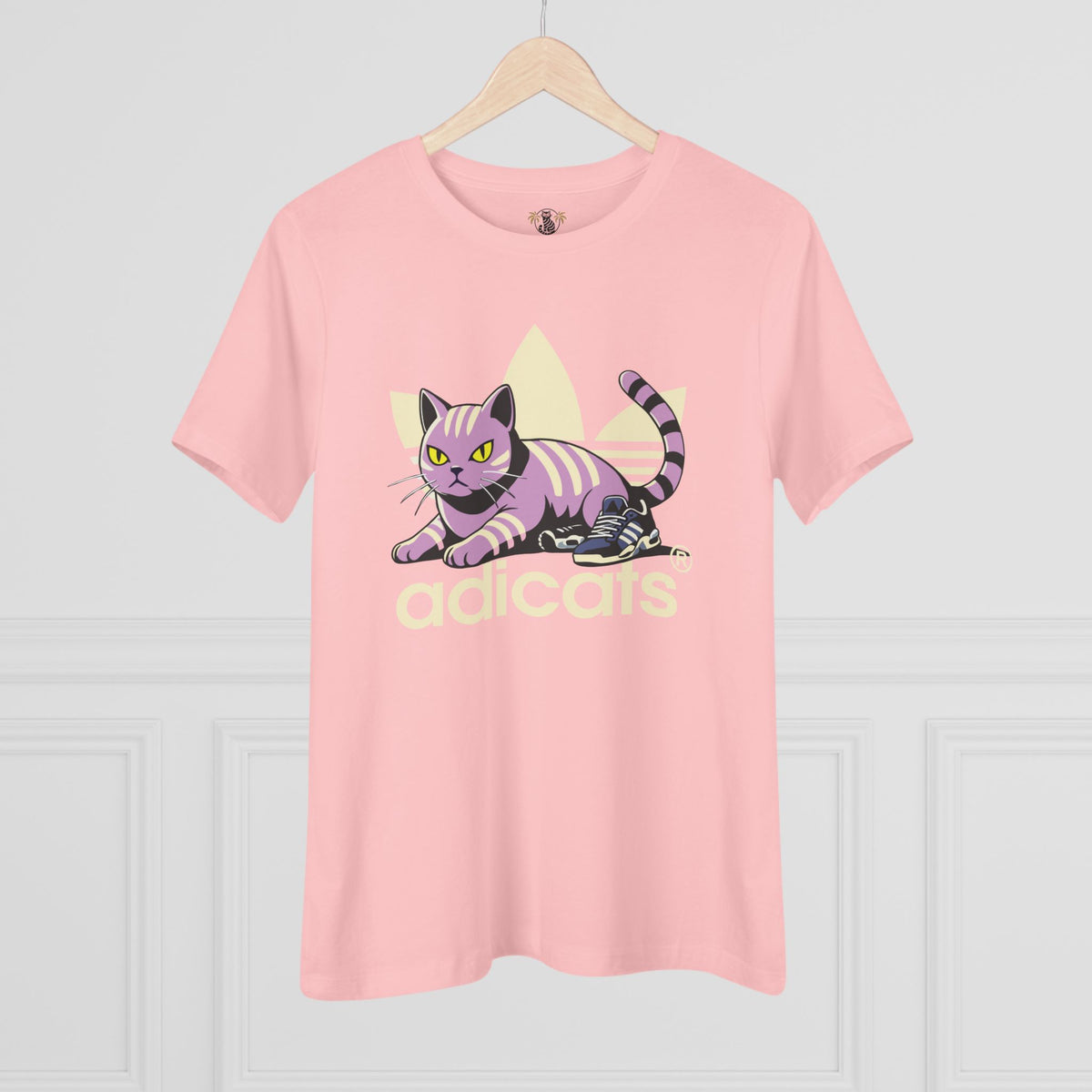 Adicats Street Prowler Women's Graphic T-Shirt in pink, on a hanger