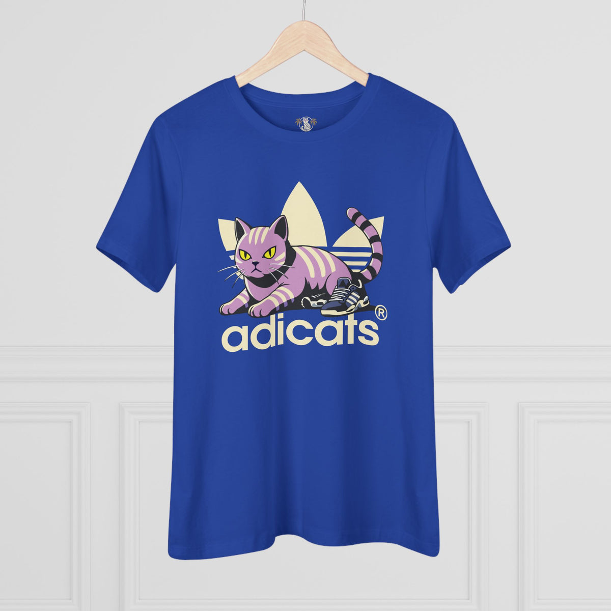Adicats Street Prowler Women's Graphic T-Shirt in true royal, on a hanger