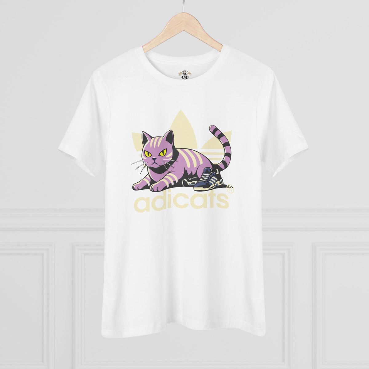 Adicats Street Prowler Women's Graphic T-Shirt in white, on a hanger