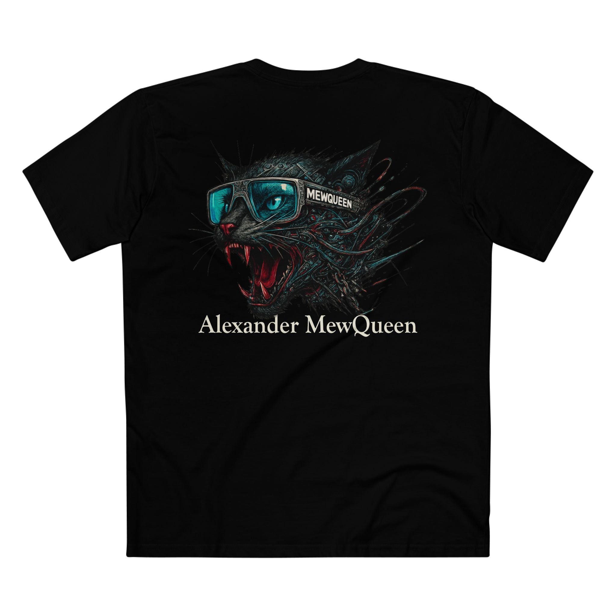 back view of black Alexander MewQueen t shirt, cyber cat graphic, parody t shirt for cat lovers
